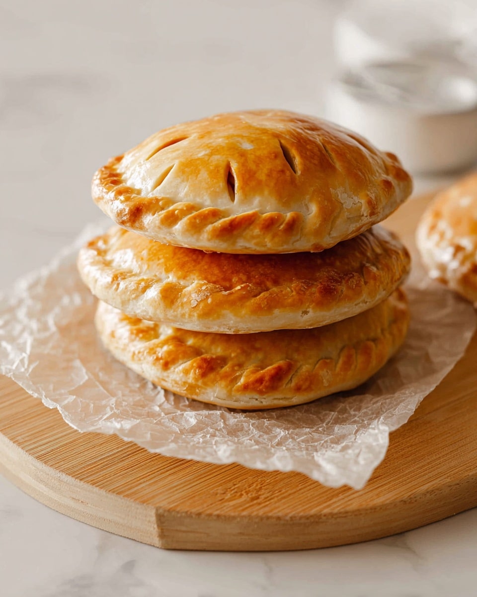 Three round golden brown pastries are stacked neatly on a piece of crinkled parchment paper, which lies on a light wooden board. The pastries have a flaky, slightly shiny top with small, curved slits showing the layers inside. The setting is on a white marbled surface with a hint of other white dishes around, giving a clean and simple look. Photo taken with an iphone --ar 4:5 --v 7