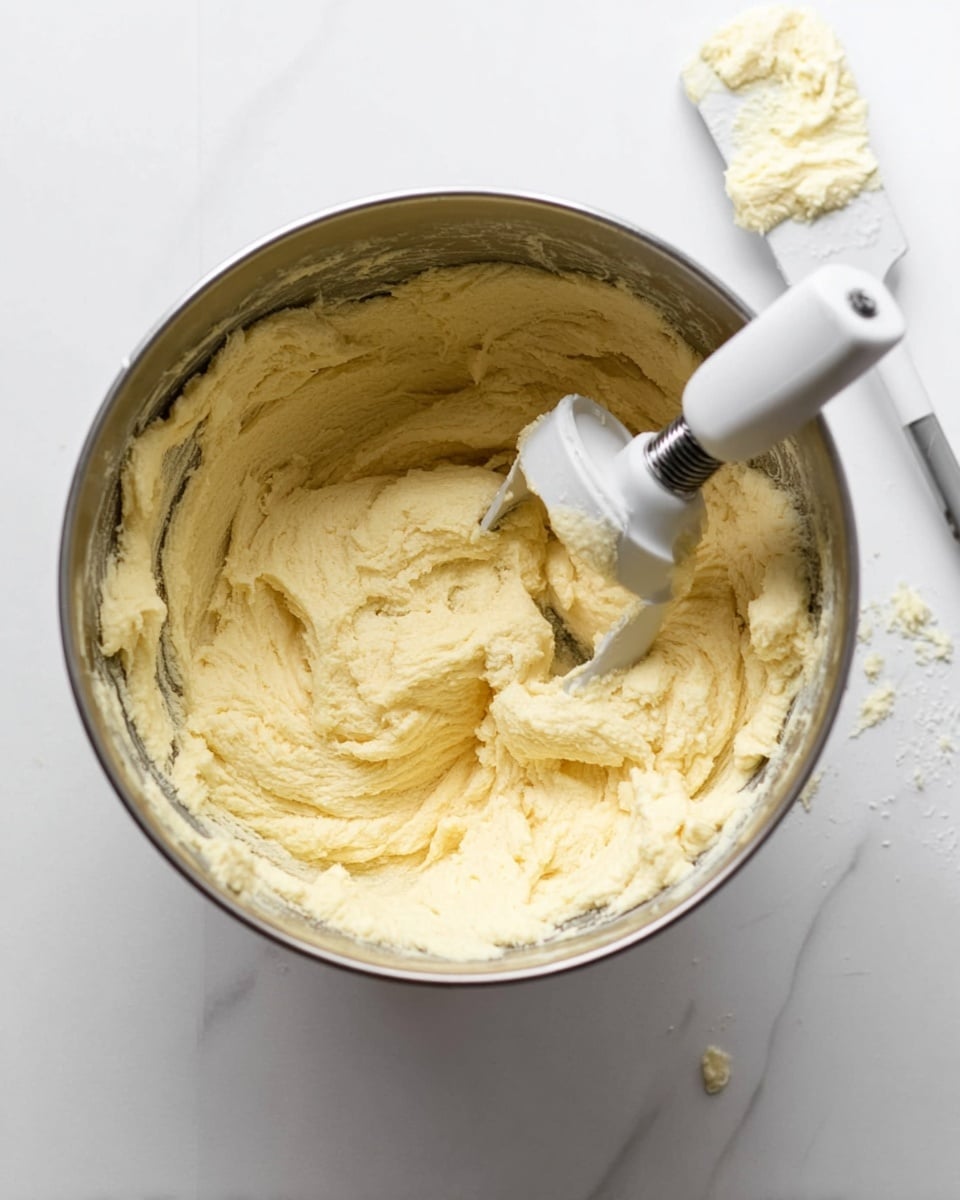 The image shows a stainless steel mixing bowl filled with light yellow creamy dough that has a smooth, fluffy texture. Inside the bowl, a white paddle attachment is partially covered with dough, positioned near the center and leaning slightly to one side. Next to the bowl on the right side, there is a white spatula with some dough residue on it, lying flat on a white marbled surface. The overall setup looks clean and bright, suggesting a baking process mid-way. photo taken with an iphone --ar 4:5 --v 7
