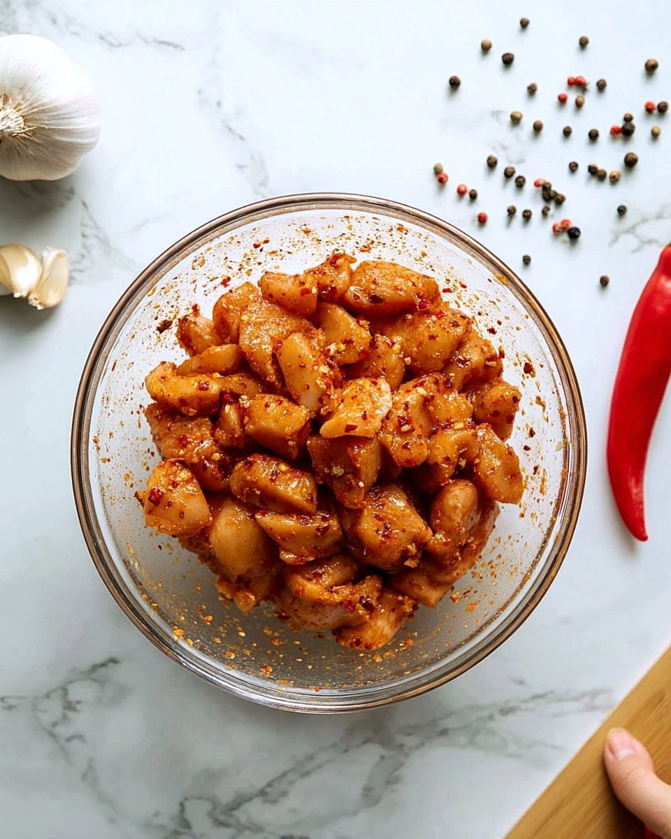 A clear glass bowl filled with small pieces of raw chicken coated in a reddish spice mix sits in the center on a white marbled surface. The chicken pieces are uneven in size and have a slightly rough texture from the spices. On the right side, there is a bright red chili pepper and scattered black peppercorns. On the top left corner, a bulb of garlic with some cloves exposed is visible, with more black peppercorns scattered near it. A woman's hand is gently holding the bowl from the bottom left corner. The photo taken with an iphone --ar 4:5 --v 7