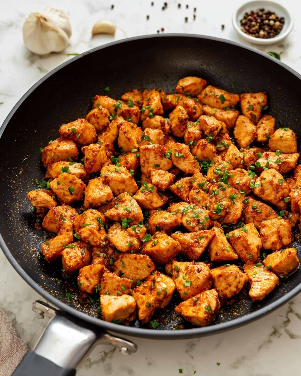A black frying pan filled with small, browned pieces of cooked chicken that have a golden-orange color from seasoning, sprinkled with chopped green herbs on top. The pan is placed on a white marbled surface with a few peppercorns and a piece of garlic visible in the background. The texture of the chicken pieces looks tender and slightly crisp. The pan has a silver handle with a black grip. Photo taken with an iphone --ar 4:5 --v 7