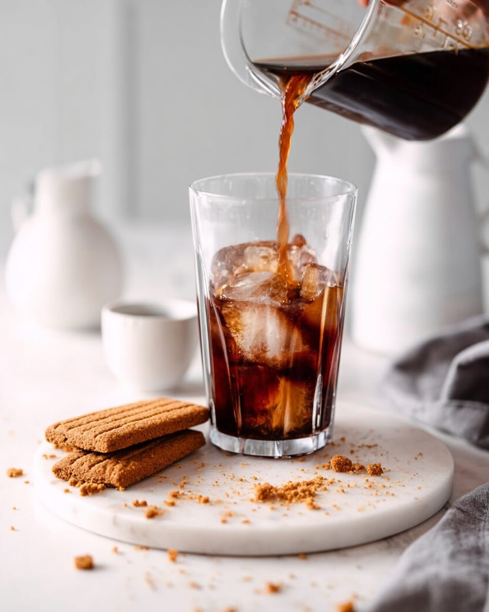 A clear glass filled with ice cubes sits on a white marbled round plate with cookie crumbs scattered around. Dark coffee is being poured into the glass from a clear measuring cup held by a woman's hand, showing a rich brown liquid mixing with the ice. Nearby, two rectangular brown cookies lie on the plate, and a small white bowl and a white ceramic jug are blurred softly in the background, all placed on a white marbled surface. photo taken with an iphone --ar 4:5 --v 7