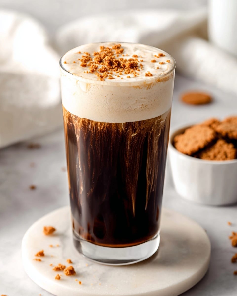 A clear tall glass is filled with dark brown cold coffee showing creamy streaks flowing down the sides. On top, there is a thick layer of light beige cream with a smooth texture, sprinkled with small pieces of crushed brown cookies. The glass sits on a round white marble surface with some cookie crumbs scattered around. In the background, there is a small white bowl filled with cookie crumbs and blurred white fabric adding soft highlights. Photo taken with an iphone --ar 4:5 --v 7