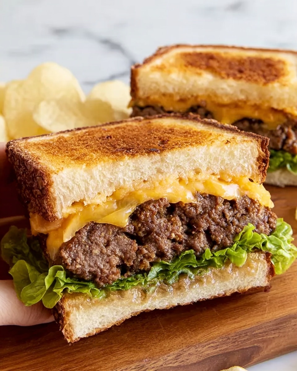 The image shows a sandwich cut in half, with two thick slices of toasted white bread that have a golden-brown crust on top and bottom. Inside the sandwich is a thick, juicy beef patty with a crumbly texture, topped with a bright orange melted slice of cheddar cheese. Beneath the patty, there is a layer of fresh green leaf lettuce. The sandwich is placed on a wooden board with a few pale yellow potato chips in the background, all set on a white marbled surface. A woman's hand is holding one half of the sandwich, showing the layers clearly. photo taken with an iphone --ar 4:5 --v 7