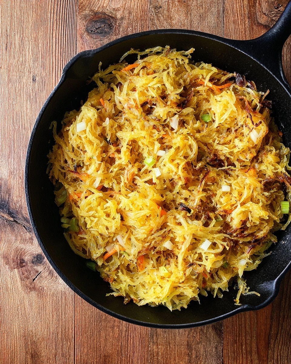 A black cast iron pan filled with a single large layer of mixed cooked shredded vegetables, mainly yellow squash or spaghetti squash, with small pieces of diced white onions, celery, and thin orange carrot strips visible throughout. The vegetables have a soft, slightly browned texture with some caramelized bits on top, giving a warm golden-brown appearance. The pan sits on a wooden surface, showing some grain and knots. Photo taken with an iphone --ar 4:5 --v 7