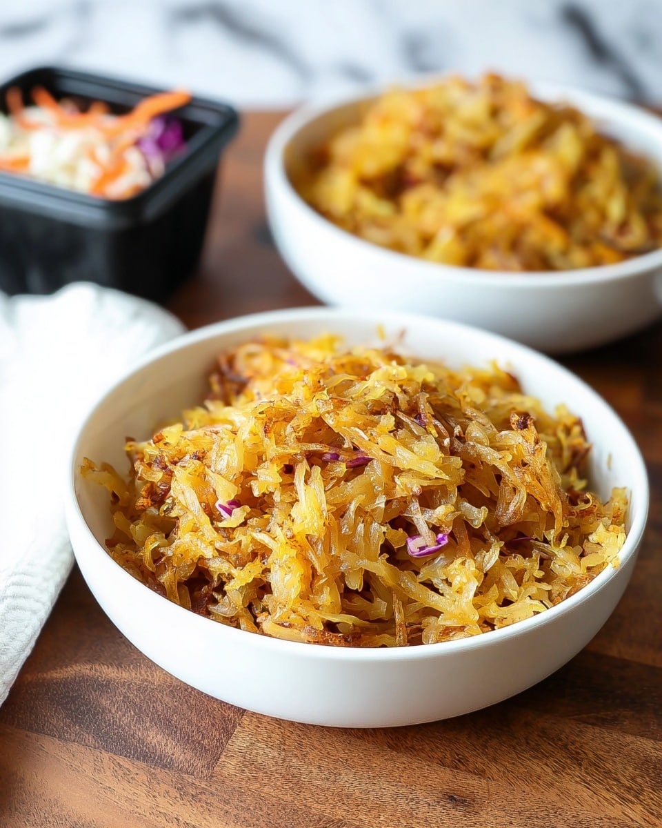 The image shows a close-up of two white bowls filled with a shredded cooked dish which looks like golden brown fried vegetables or squash. The food inside has a mix of thin, stringy layers with some pieces in light yellow, orange, and purple shades. The texture looks soft and slightly crispy, with bits of seasoning visible on top. The bowls sit on a wooden surface, and in the background, there is a small black container with some white and orange shredded vegetable slaw. A white cloth napkin is placed beside the front bowl. The background has a white marbled texture. photo taken with an iphone --ar 4:5 --v 7