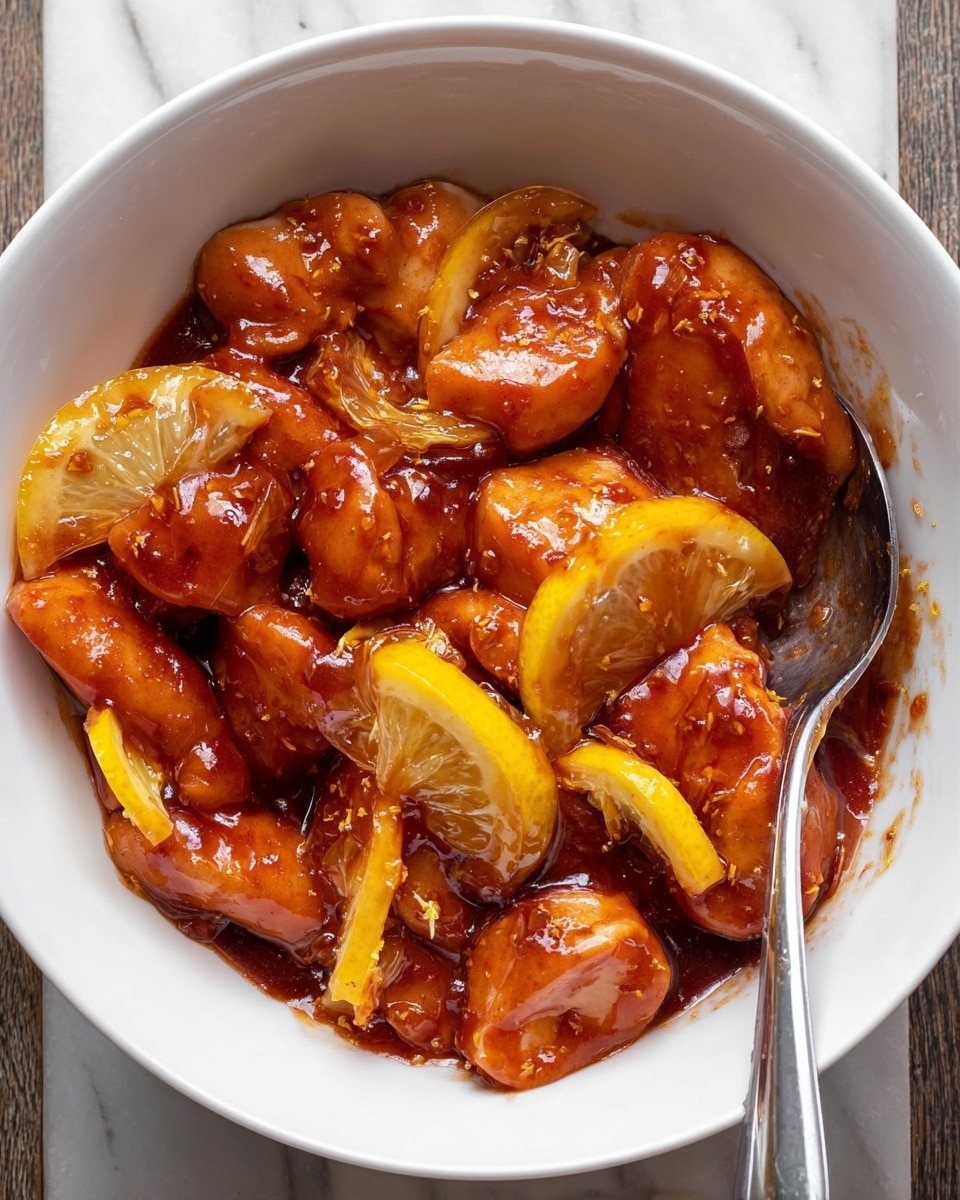 The image shows a white bowl filled with pieces of raw chicken coated in a glossy, dark red marinade. There are several thin slices of lemon mixed evenly throughout the chicken, adding bright yellow spots against the rich color of the chicken. The chicken pieces appear soft and smooth with some seams showing, and the marinade clings thickly to each piece. A silver spoon rests inside the bowl, partially submerged in the mixture. The bowl is placed on a white marbled surface. photo taken with an iphone --ar 4:5 --v 7