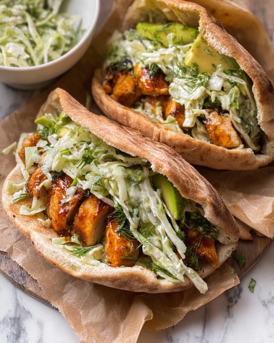 Two pita pockets filled with three main layers: the bottom layer is a mix of creamy, green herb salad with finely shredded white cabbage, the middle layer has chunks of shiny, golden-brown glazed chicken, and the top layer shows slices of light green avocado. The pita bread is light brown with a slightly toasted texture and holds the layers well. The sandwiches are placed on brown parchment paper, with part of a white bowl containing extra cabbage salad visible nearby, all on a white marbled surface. Photo taken with an iphone --ar 4:5 --v 7