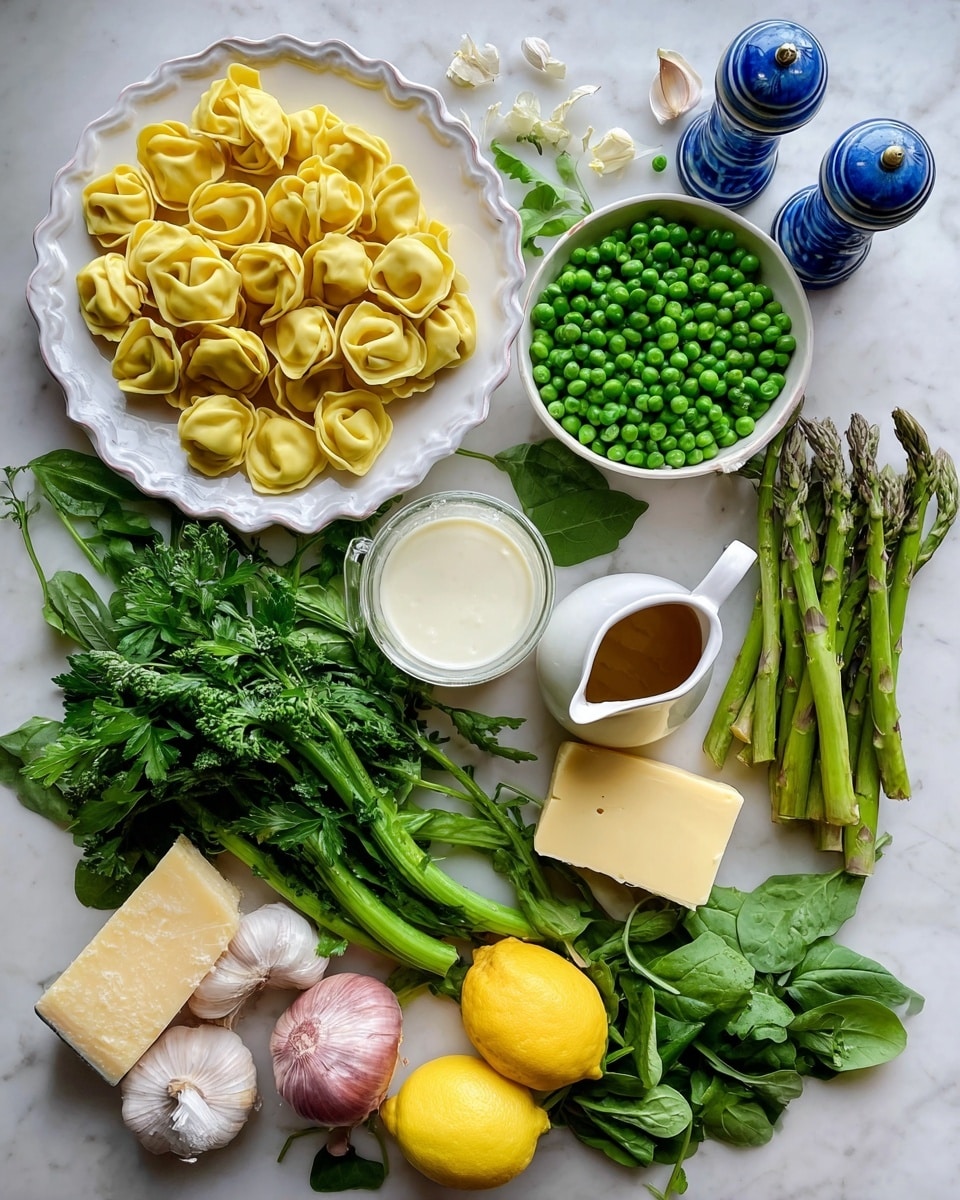 The image shows many fresh ingredients arranged on a white marbled surface. In the center left, there is a white scalloped plate full of yellow tortellini pasta. Above it and to the right, a white bowl holds bright green frozen peas. Around these, there are fresh green broccolini on the left, a bunch of fresh asparagus spears on the right, and green spinach leaves scattered nearby. A halved lemon and a whole lemon lay in the bottom right area. Near the top left is a clear measuring cup filled with cream, and next to it is a wedge of hard cheese. In the bottom right corner, a white butter dish holds a block of yellow butter, and next to it is a small white jug with a brown sauce. Also included are sprigs of fresh parsley, garlic cloves, and a shallot. Two blue and white salt and pepper shakers sit near the peas and tortellini. photo taken with an iphone --ar 4:5 --v 7