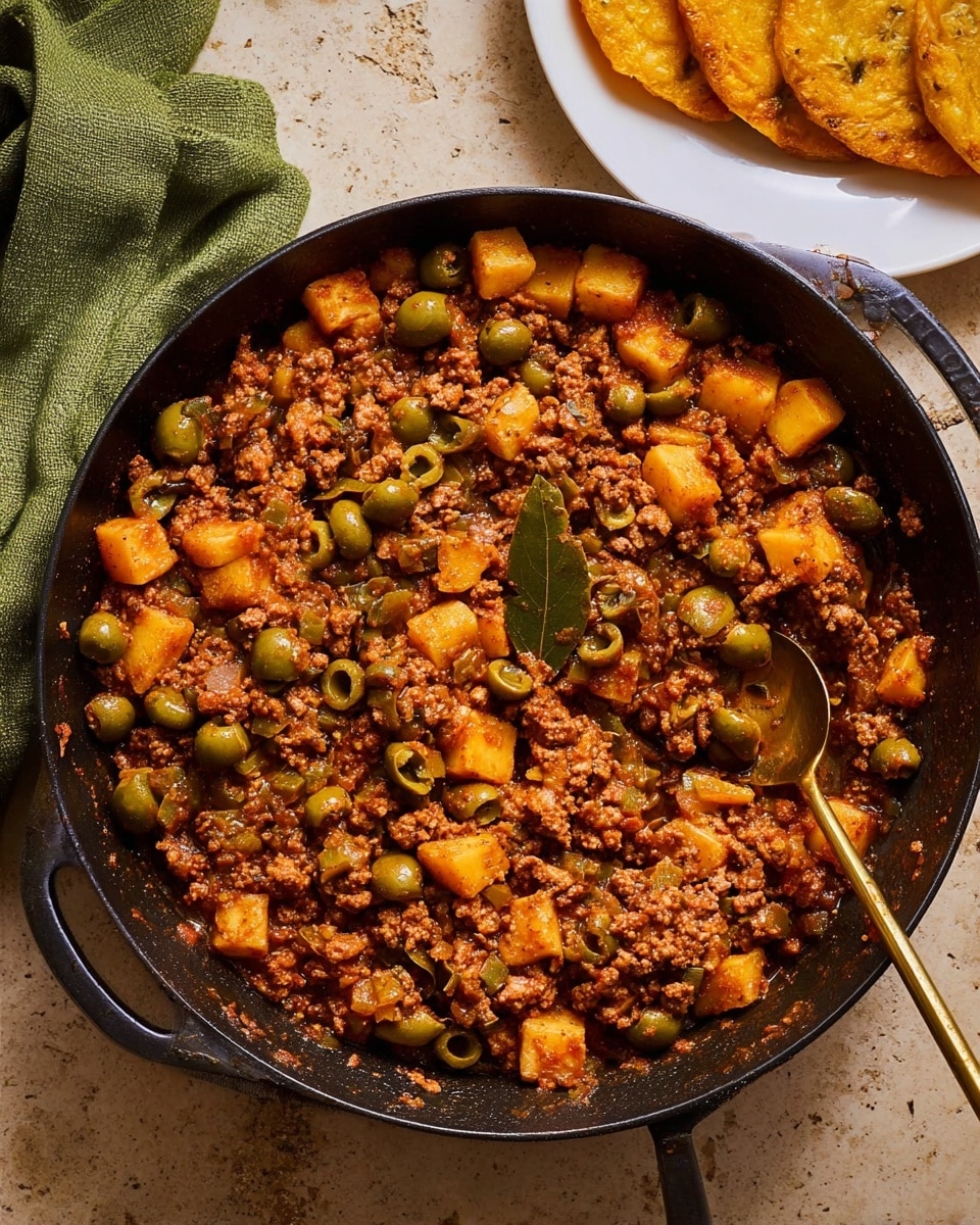 A close-up view of a black cast iron pan filled with a rich, chunky meat and vegetable stew. The dish has three main layers visible: ground meat mixed with small green olives and cubed golden yellow potatoes, all cooked in a reddish-brown sauce with bits of onion and green pepper evenly spread throughout. A single bay leaf is nestled in the center, adding texture interest. The stew looks thick and hearty. The pan rests on a beige surface with a green cloth napkin near the top left, and a white plate with two golden fried tostones peeks in from the bottom right. A golden spoon is inside the pan, ready to scoop the stew. Photo taken with an iphone --ar 4:5 --v 7