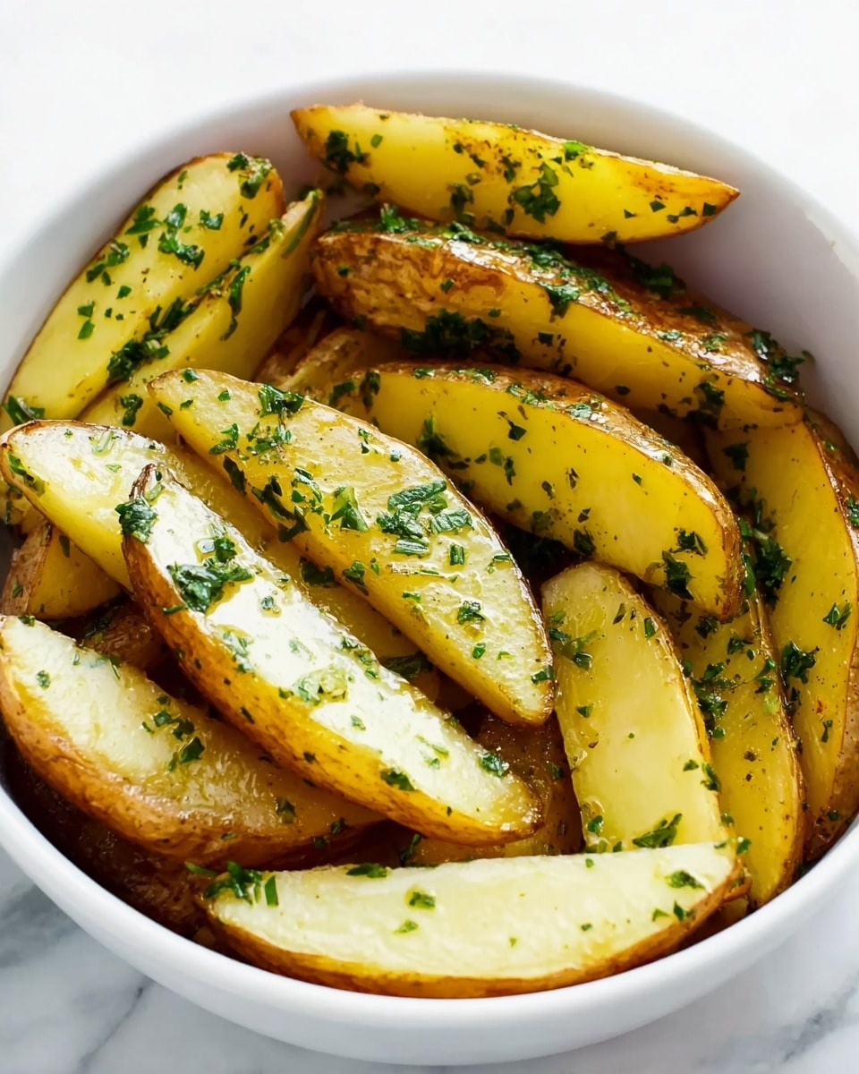 A white bowl filled with two layers of potato wedges. The bottom layer shows wedges with pale yellow insides and thin brown skin, sprinkled with chopped green herbs. The top layer has similar potato wedges, coated glistening with herbs and oil, positioned to show their curved, golden-brown sides. The bowl rests on a white marbled surface. photo taken with an iphone --ar 4:5 --v 7