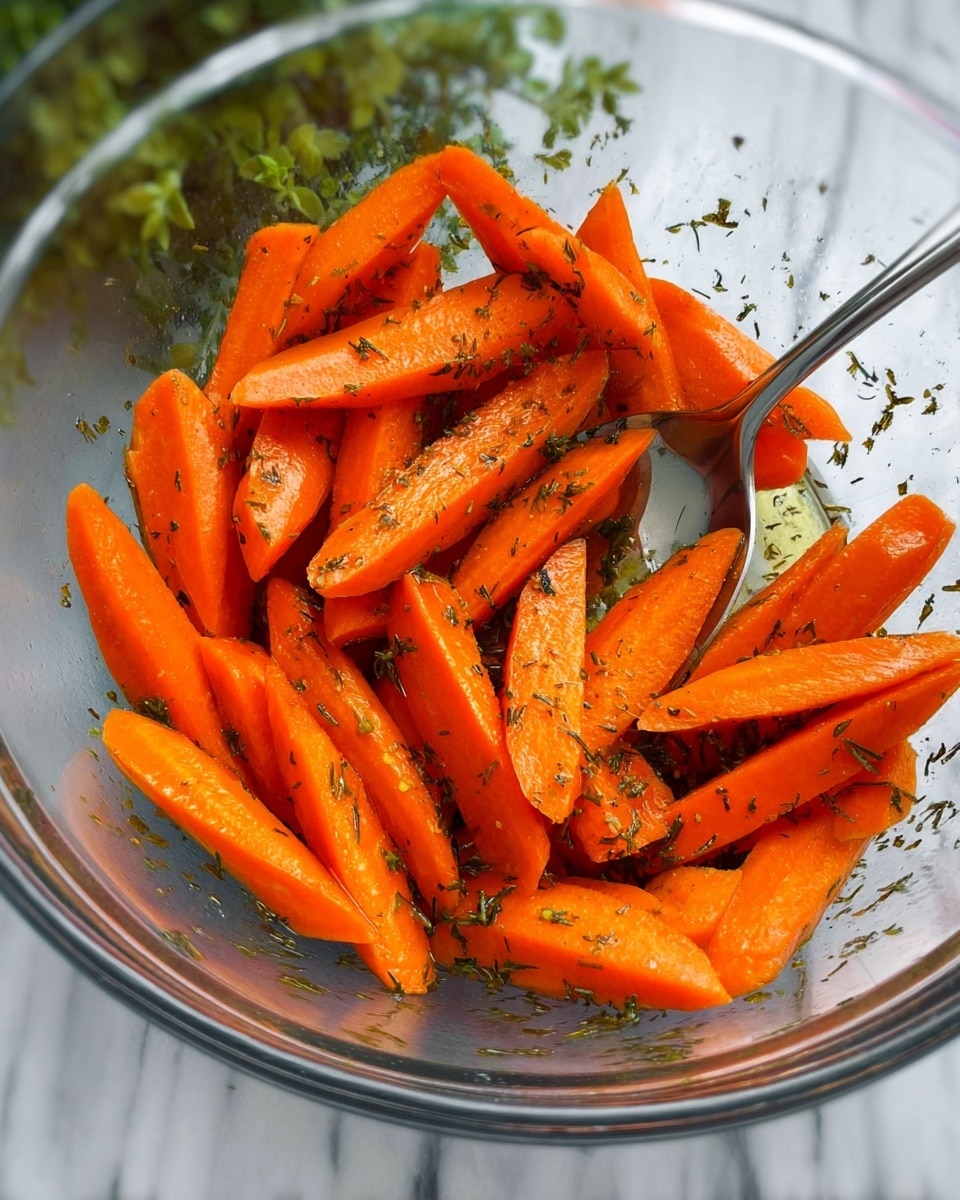 The image shows a clear glass bowl filled with evenly sliced bright orange carrot pieces, each cut into long, angled sticks. The carrots are coated with small dried green herbs and spices, giving them a speckled texture. A metal spoon is partially stuck among the carrot pieces on the right side of the bowl. The bowl is placed on a white marbled surface, and in the background, blurred green plants can be seen. Photo taken with an iphone --ar 4:5 --v 7