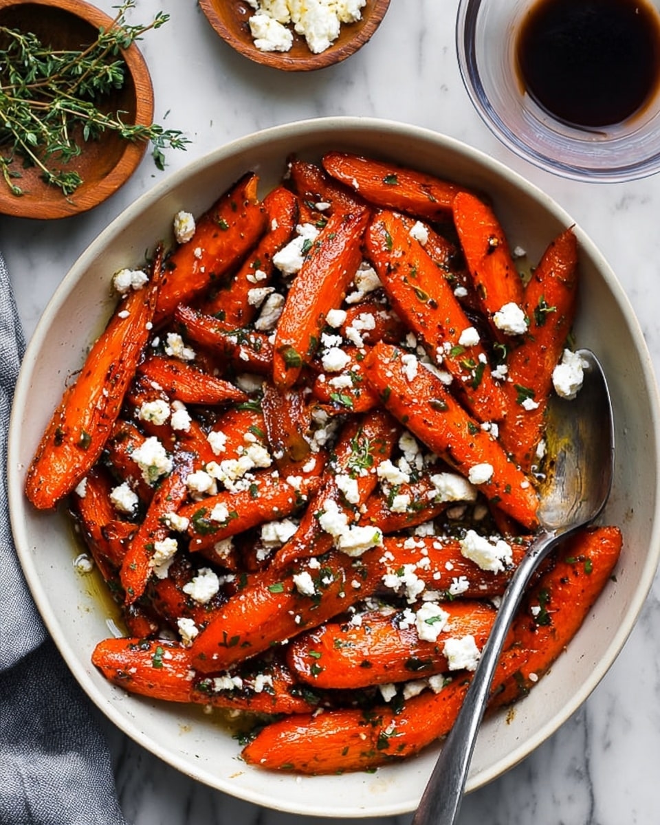 The dish is a white bowl filled with two layers of roasted carrot wedges, each piece showing a deep orange color with slightly charred edges and speckles of green herbs all over. Crumbled white cheese is sprinkled evenly on top, adding texture contrast. A silver serving spoon rests inside the bowl on the right side. To the top right corner, there is a clear glass bowl with a dark liquid. The background is a white marbled texture with some green herb sprigs in a small wooden bowl at the top left corner. Photo taken with an iphone --ar 4:5 --v 7