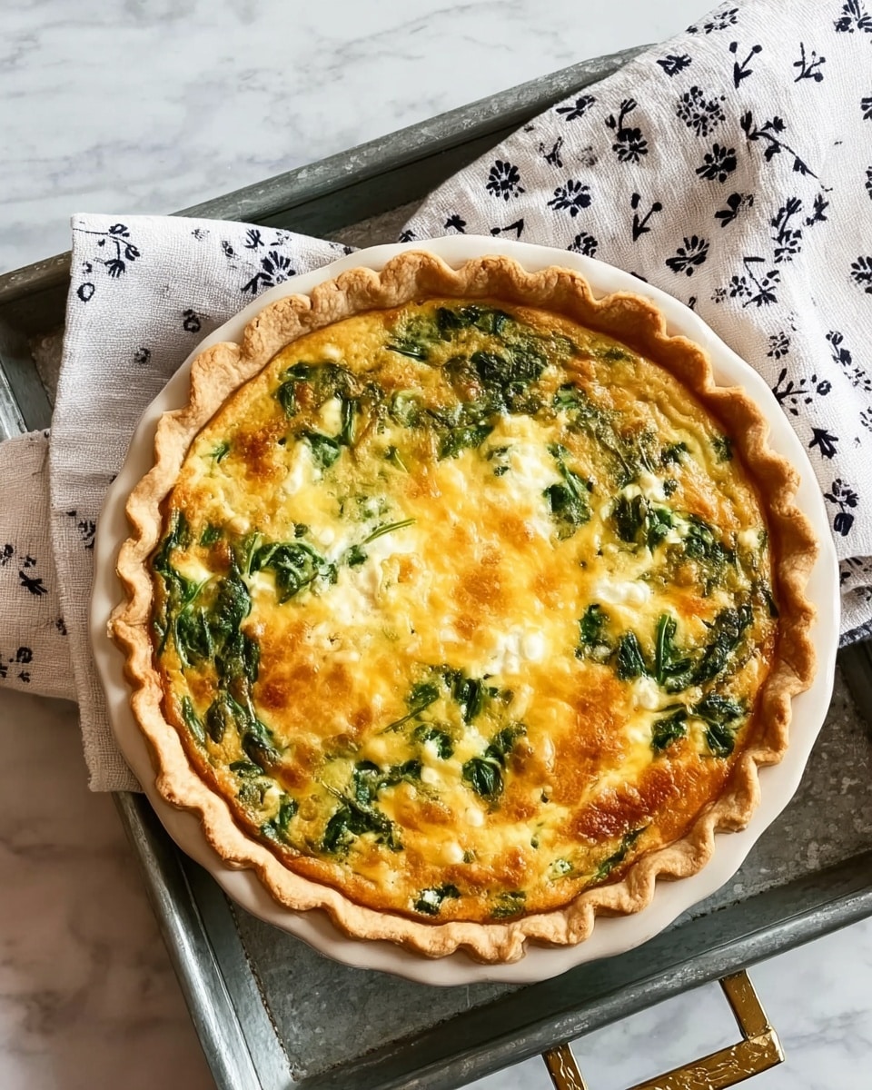 A round quiche with a golden brown crust that is crimped around the edges sits in a white pie pan. The quiche filling has a creamy texture with visible green spinach leaves evenly distributed throughout. Patches of melted cheese, golden yellow and white, form a bubbly and slightly browned top layer. The pie pan is placed on a galvanized metal tray with brass handles, next to a white cloth napkin with small black flower-like prints, all on a white marbled surface. Photo taken with an iphone --ar 4:5 --v 7