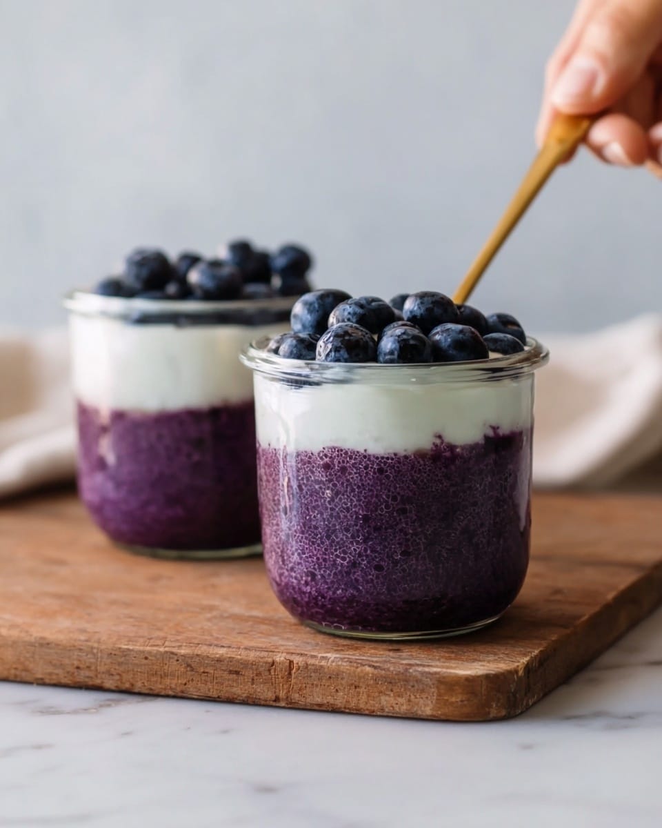 Two small clear glass jars stand on a wooden surface against a white marbled texture background. Each jar has two layers: the bottom layer is a thick, textured deep purple mixture, and the top layer is smooth white cream. Fresh dark blue blueberries cover the cream layer, with one jar having a gold spoon inside. A woman's hand is not visible but implied to be holding the spoon. Photo taken with an iphone --ar 4:5 --v 7