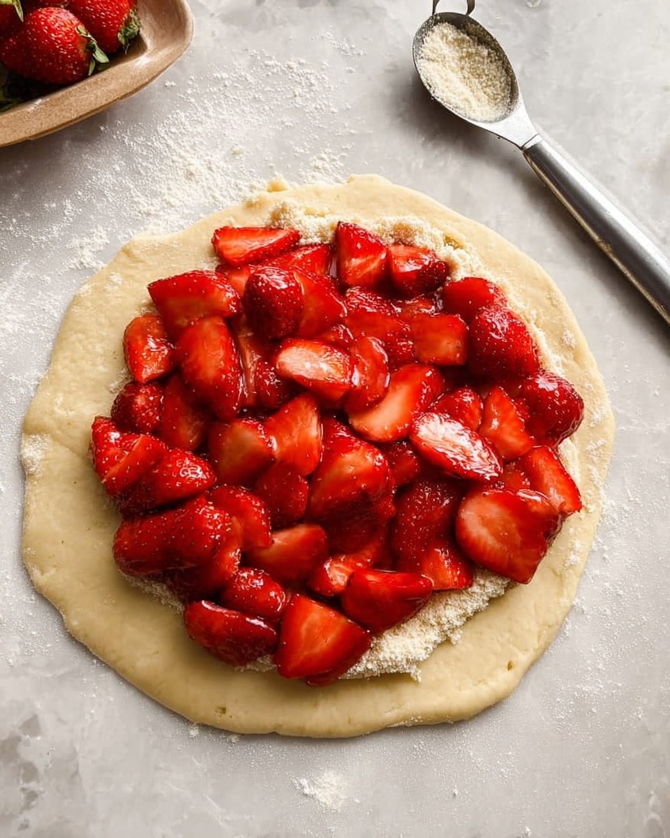 A round pastry dough circle is laid flat on a white marbled surface with a pile of bright red, halved and sliced fresh strawberries placed in the center. Underneath the strawberries, there is a thin layer of pale, crumbly sugar mixture forming a base, contrasting softly with the dough and vibrant fruit. Around the pastry, a metal spoon and measuring spoons rest beside it, suggesting preparation is in progress. The colors show a soft beige dough, glistening red strawberries, and a light sugar layer, all sharply detailed in natural light. Photo taken with an iphone --ar 4:5 --v 7