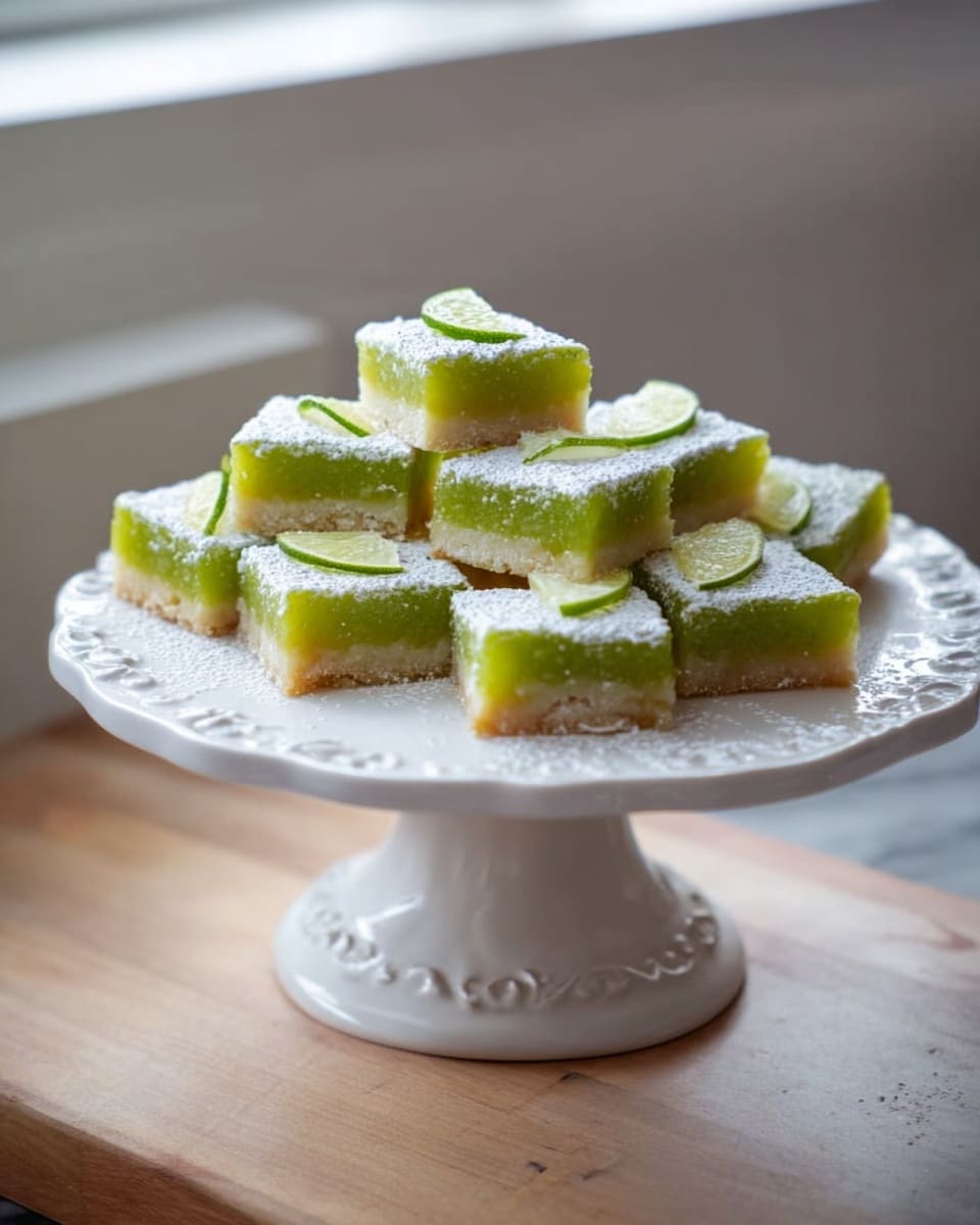 A white round cake stand with a decorative base holds a stack of eight square lime bars arranged loose in two layers, each bar showing two layers: a thick, bright green lime filling on top and a pale, crumbly crust below. Each bar is dusted with white powdered sugar on top and garnished with a small slice of lime. The cake stand sits on a wooden and white marbled surface under soft window light. photo taken with an iphone --ar 4:5 --v 7