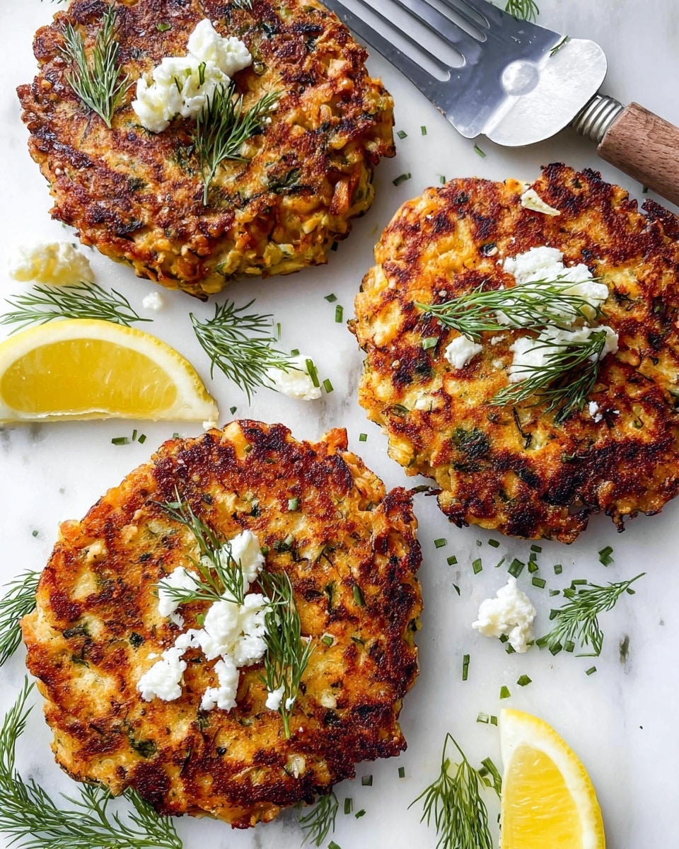 The image shows three golden-brown patties with a crispy, uneven surface texture, each topped with small white crumbles and green dill sprigs. The patties rest on a white marbled surface, scattered with small dill leaves and tiny pieces of white crumbles. Bright yellow lemon wedges are placed near the bottom of the patties. To the upper right, a metal spatula with a wooden handle lies next to one patty. The scene has bright lighting, highlighting the crispy edges and the fresh garnishes. photo taken with an iphone --ar 4:5 --v 7