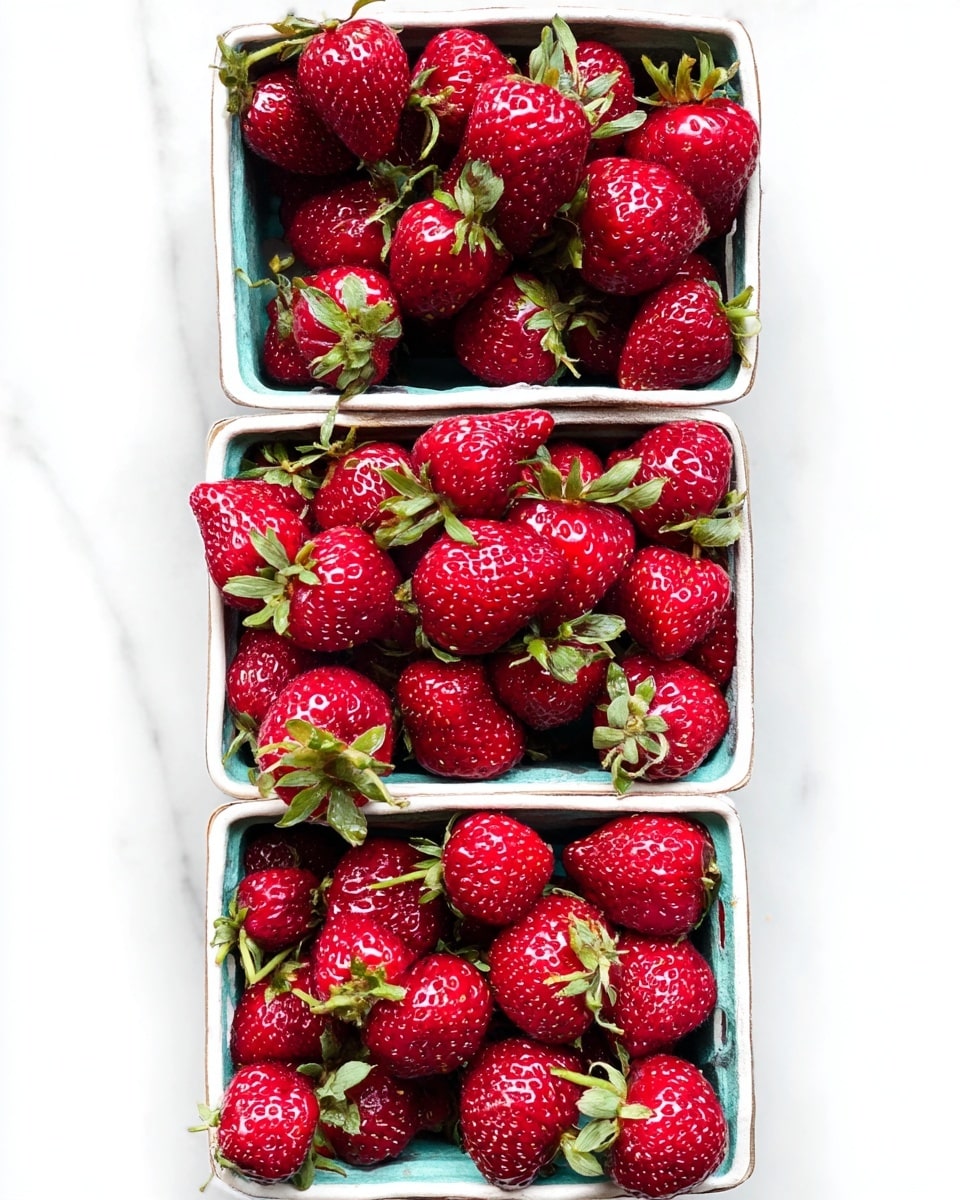 The image shows three small white square containers filled with fresh, bright red strawberries. Each container is packed with strawberries having green leafy tops and some light stems visible. The strawberries have a shiny, slightly textured surface with small seeds. The containers are arranged vertically, one on top of the other, set on a white marbled surface. The overall look is clean and vibrant with a high contrast between red strawberries and white background. photo taken with an iphone --ar 4:5 --v 7