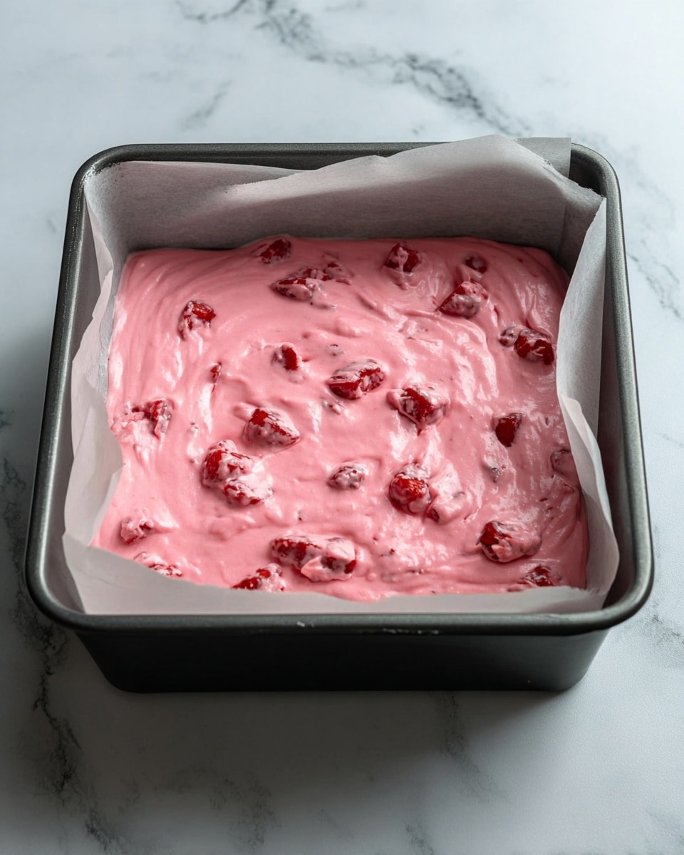 A square dark baking pan lined with white parchment paper holds one thick layer of creamy, smooth pink batter with pieces of red fruit mixed inside, visibly poking through the surface. The pan sits on a white marbled texture surface, showing a fresh, prepared dessert before baking. photo taken with an iphone --ar 4:5 --v 7