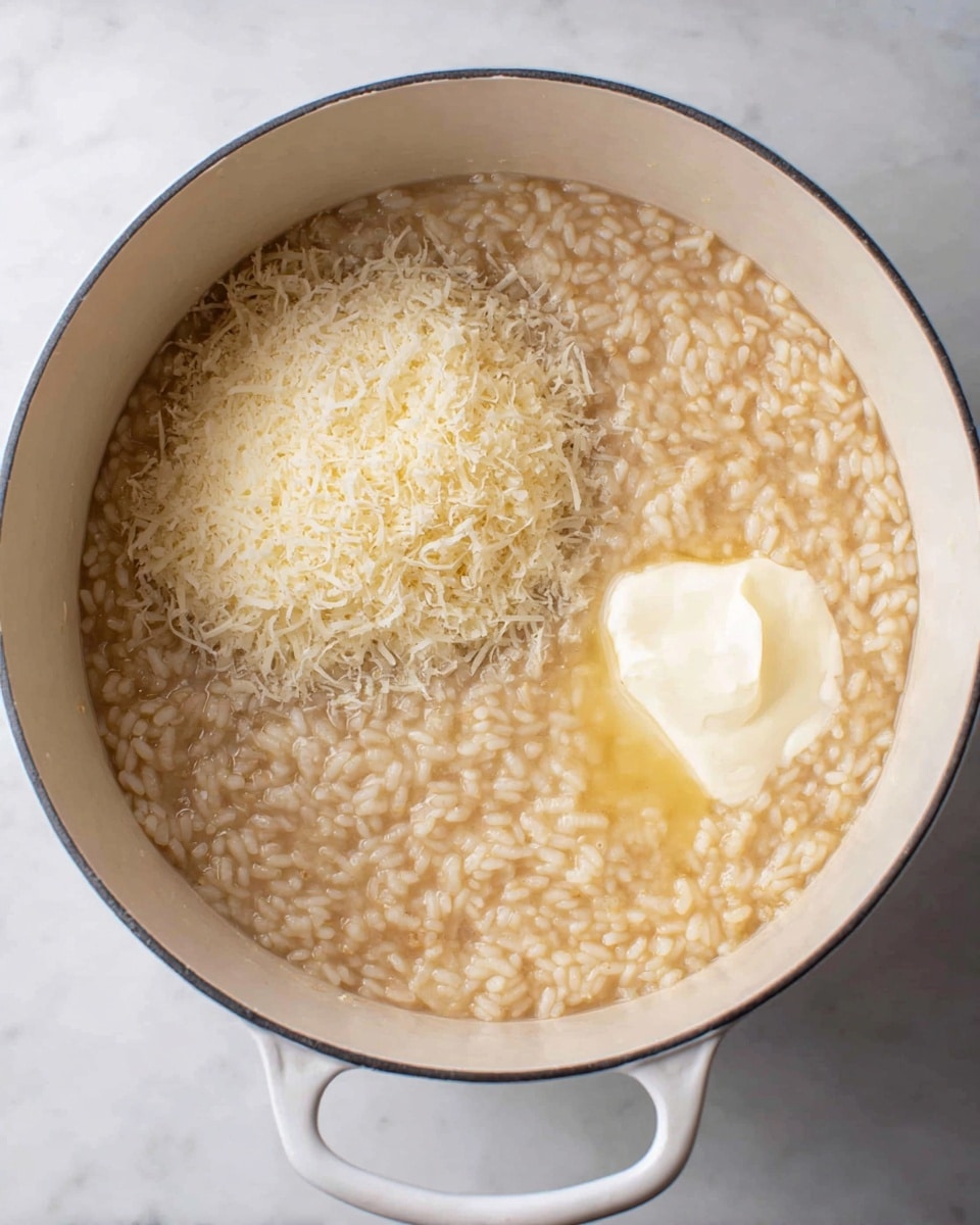 A white pot filled with creamy risotto, showing plump rice grains soaked in a light beige broth. On the left side inside the pot is a mound of finely grated, pale yellow cheese. To the right of the cheese mound is a dollop of smooth, white butter melting slowly into the risotto, creating a slight yellowish shine around it. The pot sits on a white marbled surface, with part of the pot's handle visible at the bottom. photo taken with an iphone --ar 4:5 --v 7