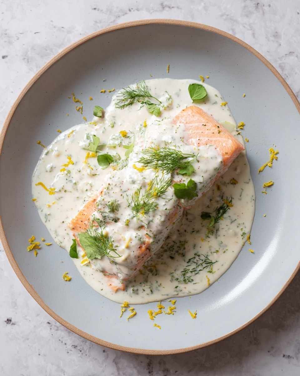 A piece of light pink cooked salmon is placed in the middle of a white plate, covered partially by a thick white creamy sauce with small green herb bits mixed in. Bright green herb leaves are scattered on top of the sauce and the salmon. There are small yellow zest pieces sprinkled around the salmon on the plate. The plate sits on a white marbled surface. photo taken with an iphone --ar 4:5 --v 7
