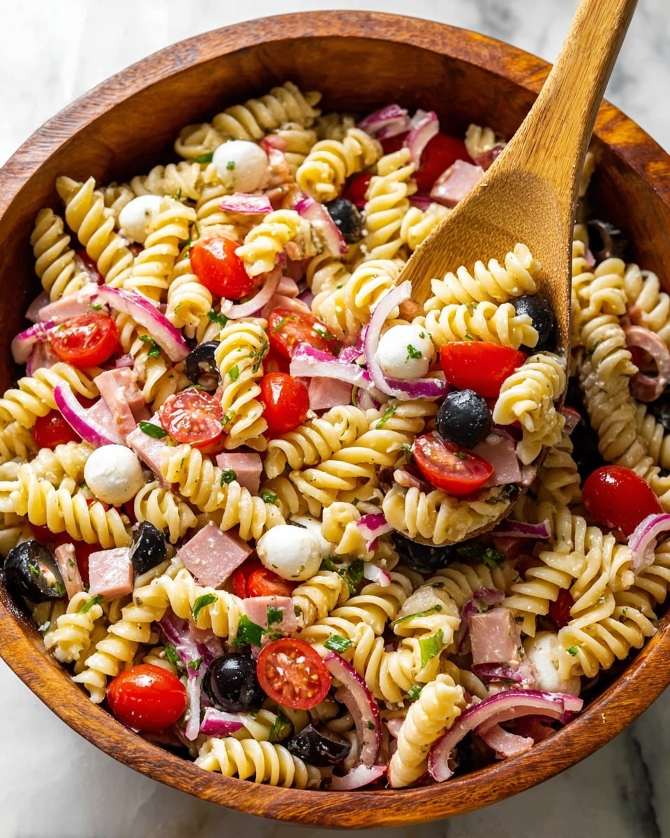 A close-up view of a large serving bowl filled with a colorful pasta salad. The salad has three main layers visible: the base layer is made up of yellow spiral rotini pasta with a slightly shiny texture, mixed evenly with slices of black olives. The second layer consists of bright red cherry tomato halves and small white mozzarella balls scattered throughout, creating a vibrant contrast. The third layer shows thin pink slices of salami, pieces of red onion, and tiny green parsley leaves sprinkled on top. The bowl is white with a rich wooden texture, positioned on a surface with a white marbled texture. Photo taken with an iphone --ar 4:5 --v 7