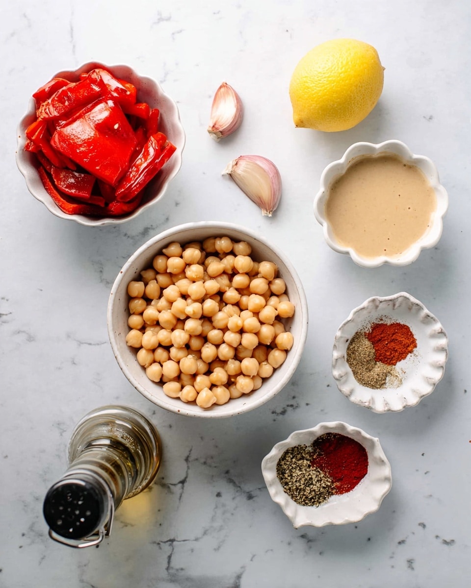 A top-down view of ingredients arranged neatly on a white marbled surface, featuring a central white bowl filled with light beige chickpeas that are round and smooth. To the upper left, there is a white bowl containing vibrant red roasted peppers with a glossy texture and slight char marks. Just above the chickpeas, there are two peeled garlic cloves with a soft pinkish hue. To the upper right, a half lemon with a bright yellow color and juicy texture sits facing up. Below and to the right of the chickpeas, a small white scalloped bowl holds a creamy beige tahini sauce. Next to it, a small white dish contains an assortment of ground spices in distinct sections, including brown cumin, red chili flakes, white salt, and deep red paprika. On the bottom left, a clear glass bottle with a black pour nozzle contains a light golden olive oil. photo taken with an iphone --ar 4:5 --v 7