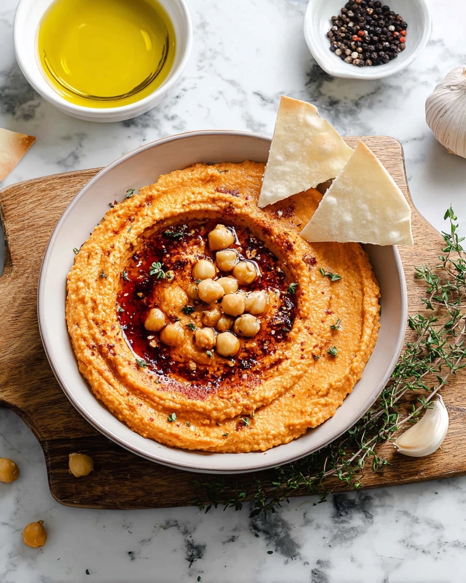 A white bowl filled with a thick layer of orange hummus, topped with a swirl of dark red chili oil and scattered whole chickpeas. Two triangular white pita chips are dipped into the hummus, standing upright on the right side of the bowl. The bowl sits on a wooden board with green thyme sprigs underneath, all placed on a white marbled surface. To the top left, there is a white bowl with golden olive oil, and black peppercorns in a white dish are visible in the top background, along with a few garlic cloves on the bottom right. photo taken with an iphone --ar 4:5 --v 7