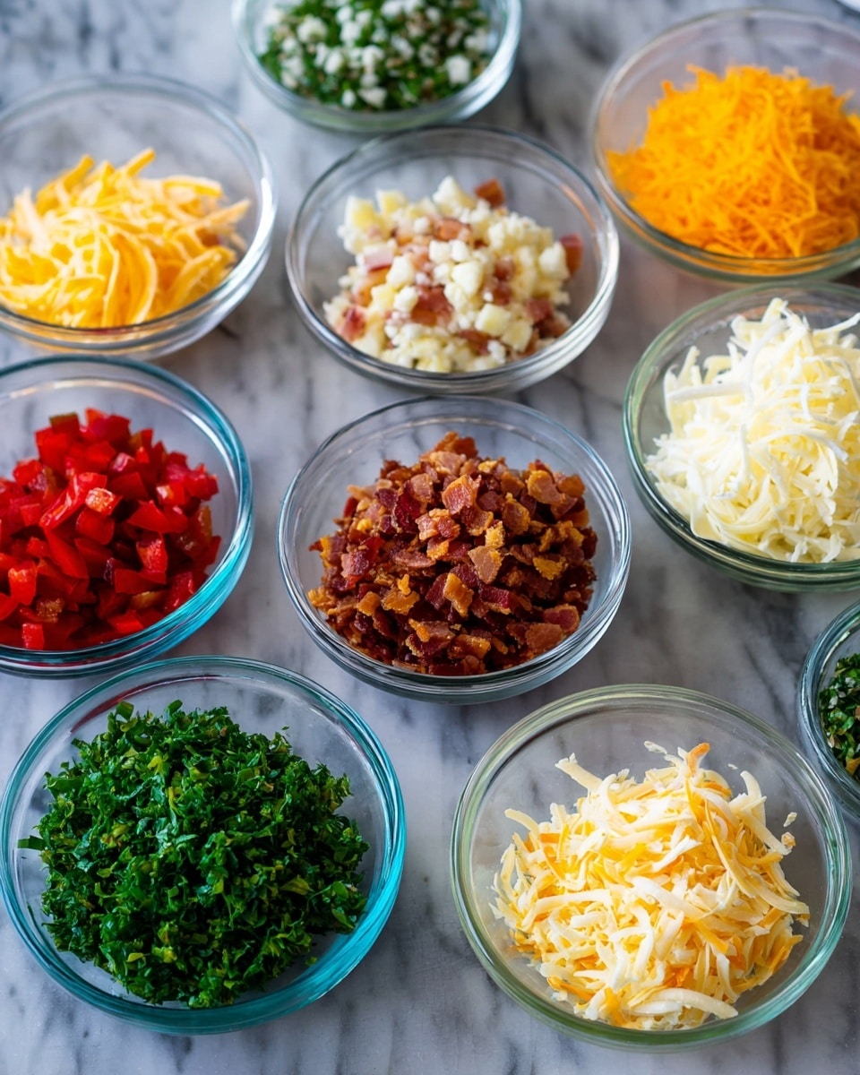 The image shows nine clear glass bowls arranged on a white marbled surface, each holding different finely chopped or shredded ingredients. In the middle, a bowl filled with small, crispy brown pieces, likely cooked bacon, stands out. Surrounding it, bowls contain various colorful ingredients: bright red diced pieces, shredded pale yellow and orange cheese, small white chunks resembling feta, and different shades of finely chopped green herbs. Each bowl presents its ingredient clearly, with varying textures from soft to crumbly and shredded. Photo taken with an iphone --ar 4:5 --v 7