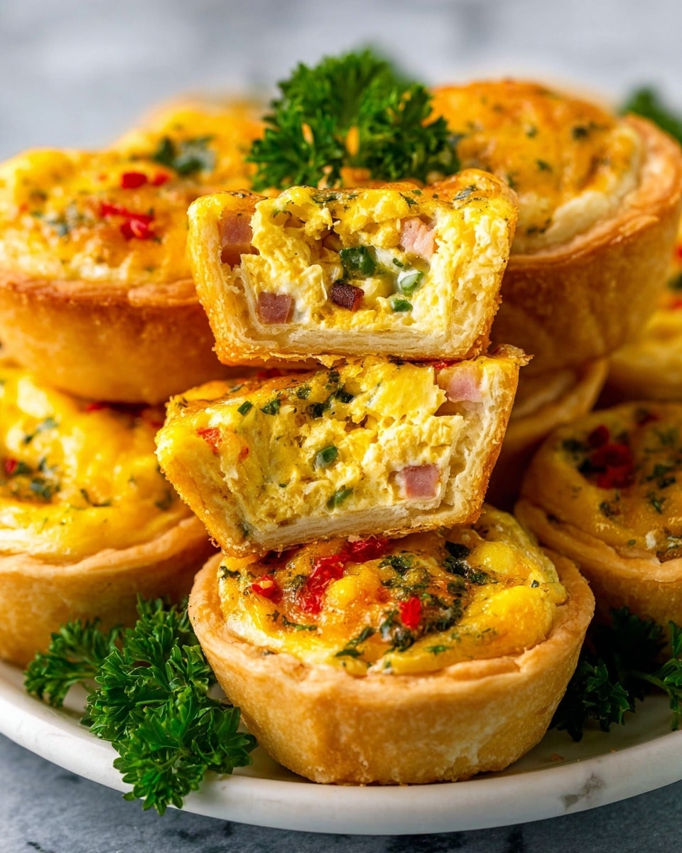 A white plate holds a stack of mini quiches, each with a golden brown crust forming the base and sides. Inside the crust is a bright yellow, fluffy egg layer mixed with colorful bits of green herbs, red pepper pieces, and small white cheese chunks. One mini quiche is cut in half and placed on top, showing the soft, creamy filling with visible cubes of ham and green vegetables. The plate is garnished with fresh green parsley sprigs, all set on a white marbled surface. photo taken with an iphone --ar 4:5 --v 7