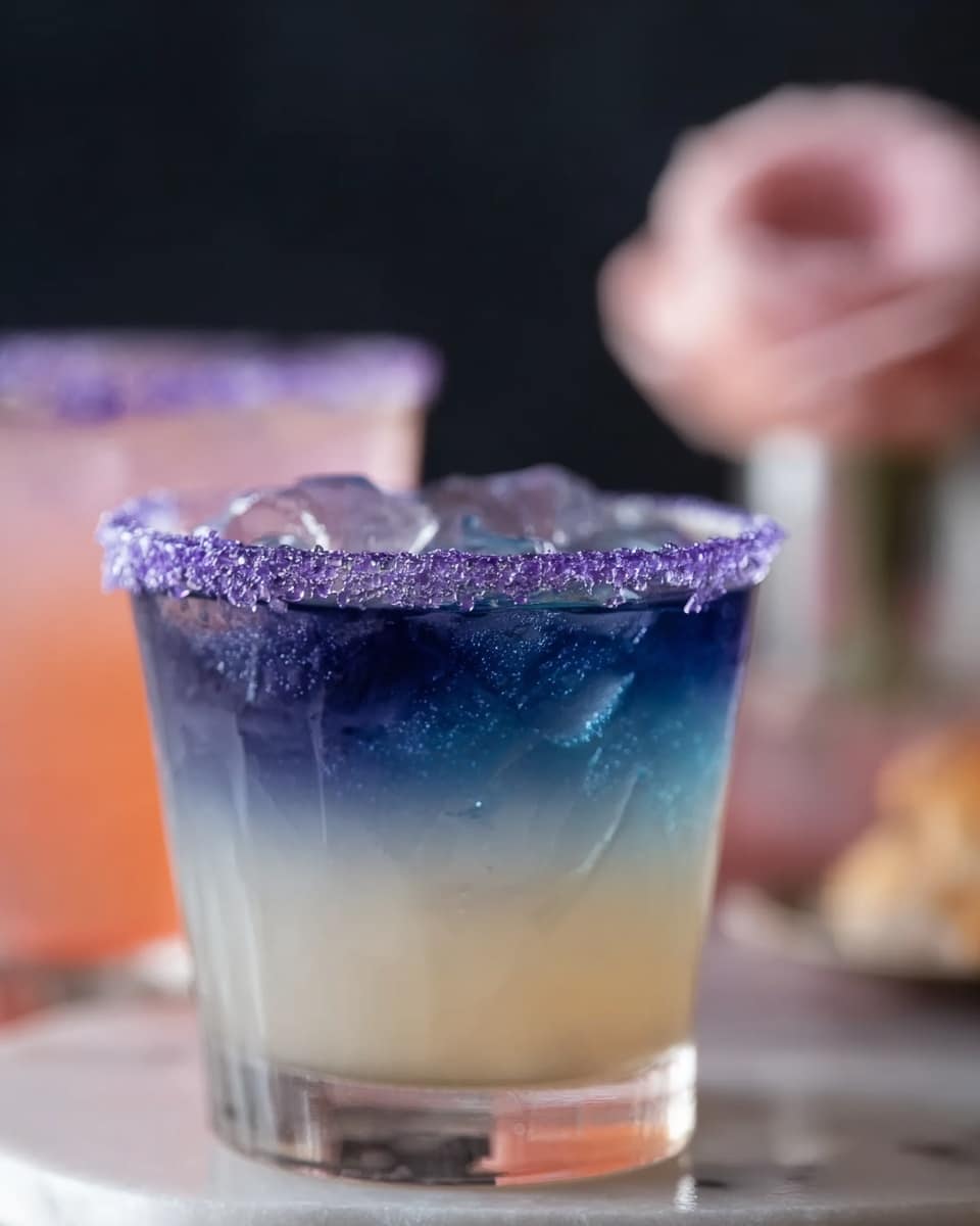 The image shows a clear glass filled with ice and a layered drink, with a bottom layer of deep blue liquid and a top layer of pale off-white liquid. The glass has a rim coated with coarse purple sugar crystals. Behind it, there is a blurred second glass with a pinkish drink and a purple sugar rim, both placed on a white marbled surface. A blurry pink flower is visible in the background. photo taken with an iphone --ar 4:5 --v 7