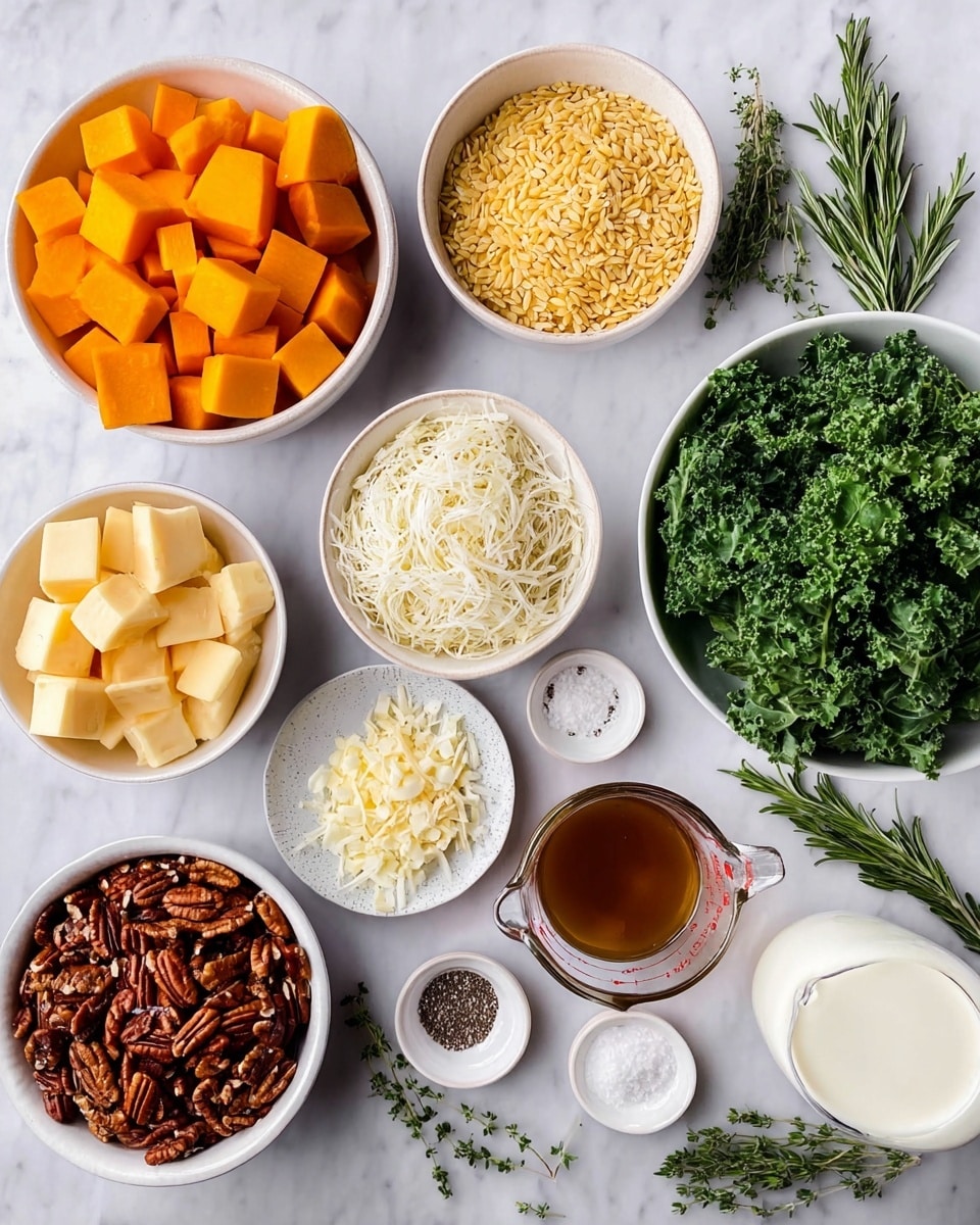 The image shows various ingredients neatly arranged on a white marbled surface. There is a white bowl filled with bright orange cubed butternut squash and another white bowl holding pale yellow orzo pasta. Fresh green leafy kale fills a white bowl. A white bowl contains chopped shallots, while another small white bowl holds minced garlic. A glass measuring cup is filled with brown broth. Shredded white cheese is in a white bowl, and deep brown pecans sit in a white bowl next to fresh sprigs of rosemary and thyme scattered nearby. There is a small white plate with chopped garlic, sea salt, and rosemary. Additional small white bowls hold black pepper and coarse salt. Finished with a small glass bottle of milk and a white plate of yellow butter cubes. Photo taken with an iphone --ar 4:5 --v 7