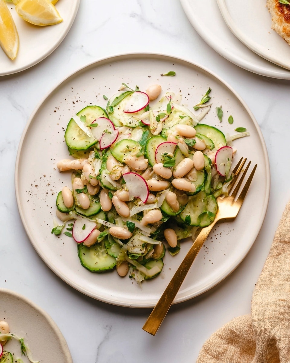The image shows a white plate filled with a colorful salad with two main layers. The bottom layer consists of white beans that form a dense base with a smooth and round texture. On top, there is a mix of bright green cucumber slices, thin slices of red radish, translucent white onion slices, and small green leafy herbs, adding a fresh and vibrant look. The salad is lightly coated with a dressing that adds a subtle shine. The plate sits on a white marbled surface, and nearby there is a half lemon and parts of two other plates, one with white bean salad and one with triangular brown flatbread pieces. Photo taken with an iphone --ar 4:5 --v 7