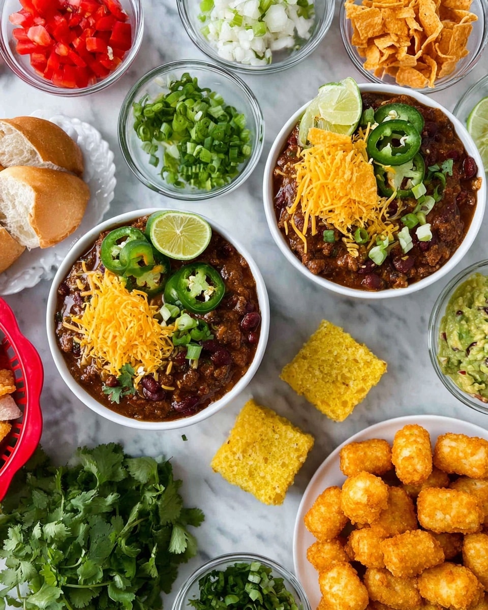 Two white bowls of chili are placed on a white marbled surface, each with three layers: a base of thick, dark brown chili with visible beans and ground meat, topped with a yellow and orange shredded cheese layer, and finished with a fresh green garnish of cilantro leaves and sliced green jalapeño peppers. The bowl on the left also has a lime wedge and orange curled chip pieces as toppings. Surrounding the bowls are small glass bowls filled with finely chopped red tomatoes, shredded yellow cheese, chopped green onions, diced red bell peppers, guacamole, and cooked chopped bacon. To the lower right is a white marble plate piled with golden-brown tater tots. Near the center are two pieces of yellow cornbread with green jalapeño slices embedded in them. A small white bowl holds fresh cilantro sprigs near the bottom center, and a white bowl filled with orange chip pieces sits below the chili bowls. A red basket with sliced white bread is on the bottom left, completing the spread. photo taken with an iphone --ar 4:5 --v 7