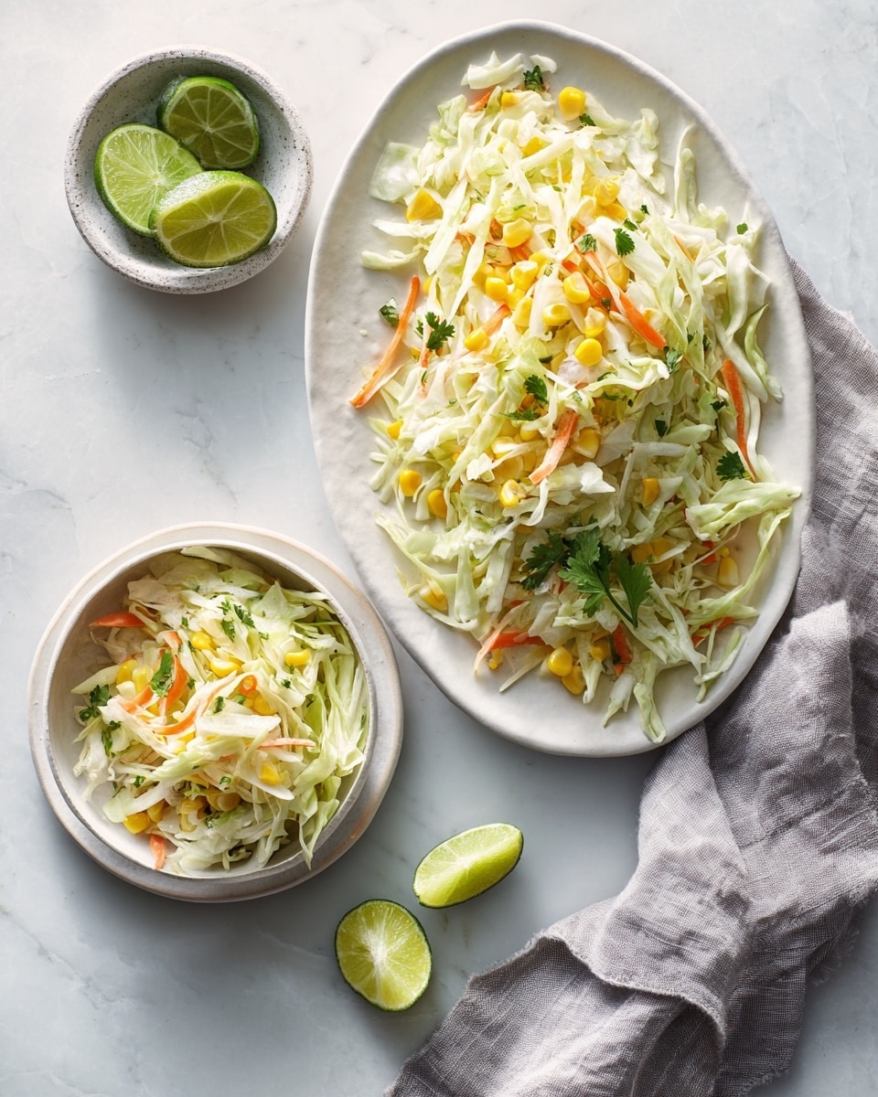 The dish is served on an oval wooden platter placed on a white marbled surface. It has a base layer of finely shredded white cabbage mixed with orange carrot strips, scattered evenly across the platter. Small yellow corn kernels are mixed in throughout the dish. Fresh chopped green herbs are sprinkled generously on top in three clusters along the length of the salad, adding a lively green contrast. In the background, to the right, there is a white bowl filled with more of the shredded cabbage and carrots. Lime wedges with a bright green skin are placed near the platter. A woman's hand is visible near the edges of the frame, poised above the ingredients. Photo taken with an iphone --ar 4:5 --v 7