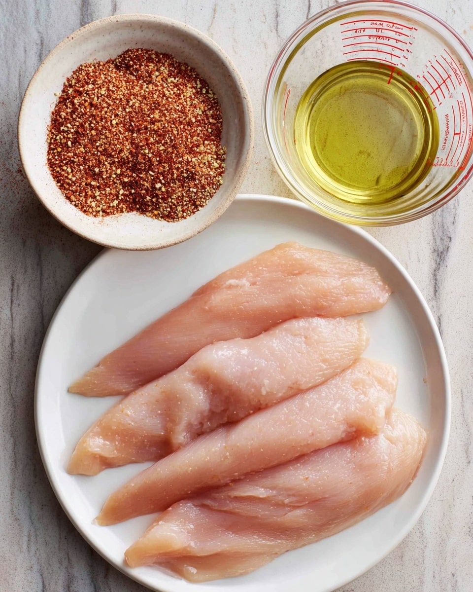 The image shows a white plate filled with five raw chicken tender strips arranged side by side, pale pink in color with smooth texture. To the left, there is a small white bowl filled with reddish-brown dry spice mix that looks finely ground with some visible herbs. Above this bowl, a clear glass measuring cup with red markings is filled with light yellow oil. All items sit on a surface with a white marbled texture. photo taken with an iphone --ar 4:5 --v 7