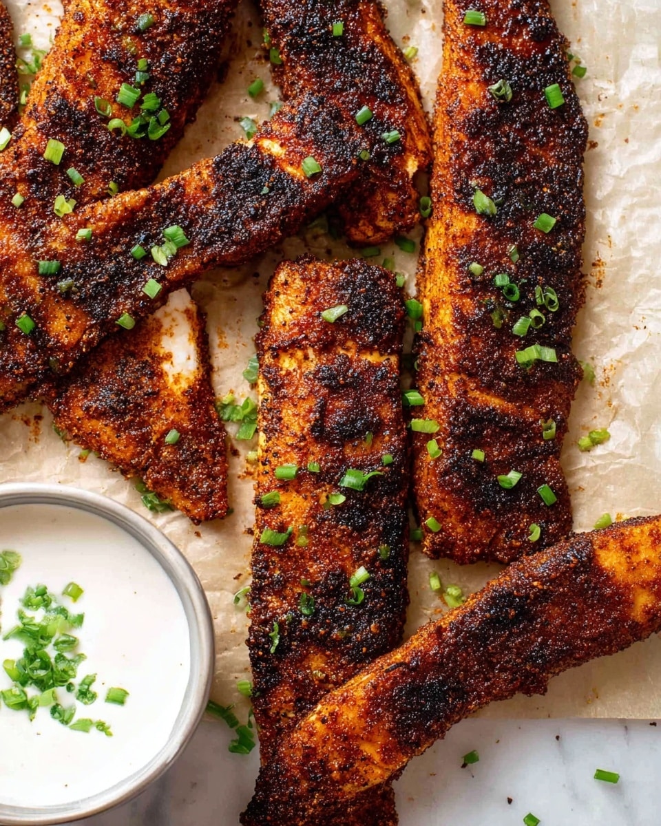 The image shows five strips of grilled seasoned fish with a dark crust and charred spots, lined up on parchment paper over a white marbled surface. Each strip has a rough, spiced texture with a deep brown to black color in parts, and is sprinkled with small pieces of chopped green chives that add a pop of color. At the bottom left corner, there is a small white cup filled with a smooth white dipping sauce, also garnished with chopped green chives. The photo taken with an iphone --ar 4:5 --v 7