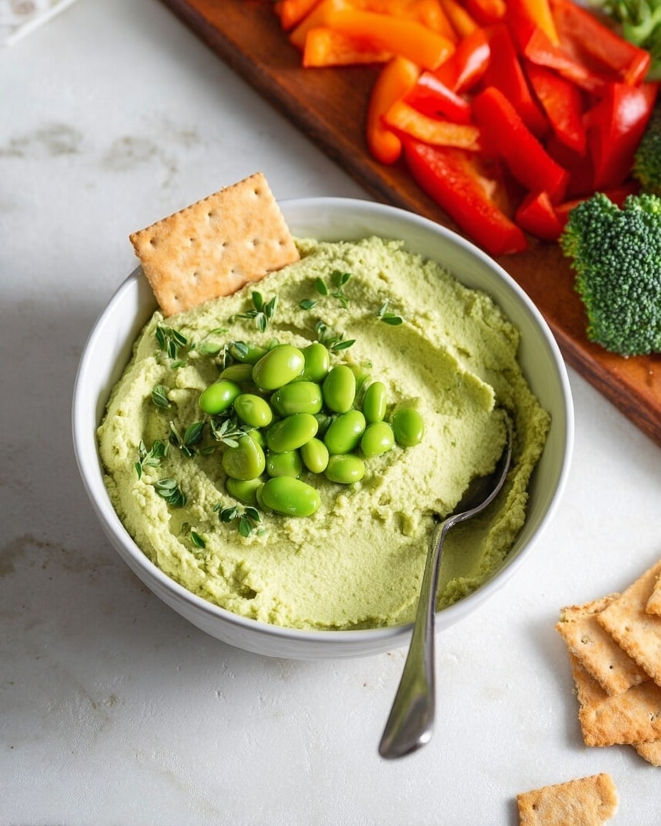 A white bowl filled with smooth light green hummus topped with a few whole bright green edamame beans and small green herb leaves, with one light brown square cracker placed partially inside the hummus near the edge of the bowl; a silver spoon is resting inside the bowl on the right side. In the background, there is a wooden board with cut pieces of vibrant orange and red bell peppers and green broccoli florets. Additional light brown square crackers are placed on the white marbled surface near the bowl. photo taken with an iphone --ar 4:5 --v 7