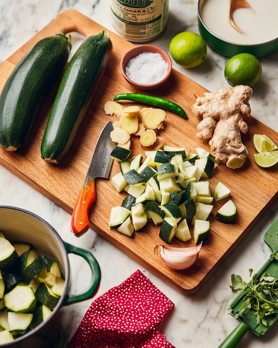 A wooden cutting board placed on a white marbled surface holds two whole zucchinis and a pile of chopped zucchini cubes with dark green skin and light green flesh. Nearby are a small paring knife with an orange handle and a green chili pepper. The board also has a sectioned shallot, a garlic bulb with a few loose cloves, two whole limes (one halved showing green flesh), a piece of fresh ginger with beige skin, and a small green grater with ginger resting on it. Behind the board, a small white bowl with a spoon carries solid white coconut oil, and next to it is a can of coconut milk. A green bowl filled with white salt has a wooden spoon resting inside. In the lower part of the image, a white pot with a green handle is partly visible with a red cloth with white polka dots draped near fresh green herbs. photo taken with an iphone --ar 4:5 --v 7