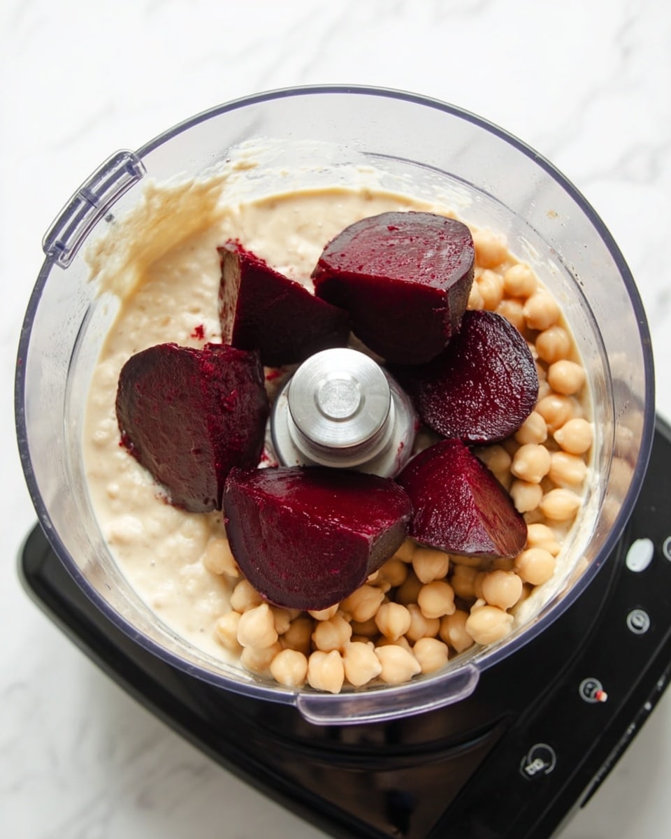 Inside a clear food processor bowl, there are three layers visible: the bottom layer is a pale creamy white sauce, the middle layer is made up of light beige chickpeas scattered all around, and the top layer consists of seven dark red, glossy beetroot wedges placed evenly around the center blade. The food processor is set on a black base and the background shows a white marbled texture. photo taken with an iphone --ar 4:5 --v 7