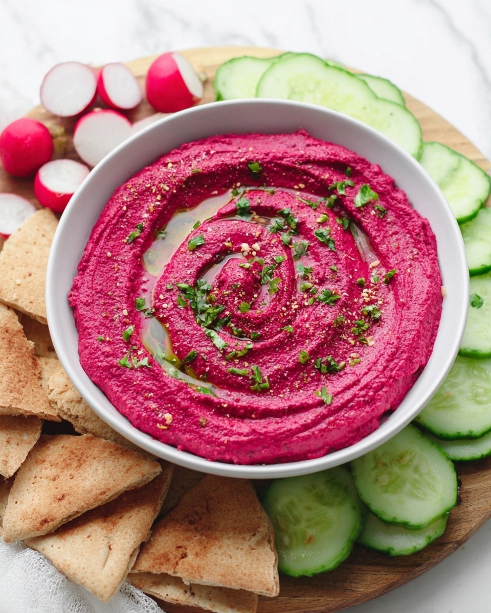 A white bowl filled with smooth, bright deep pink beet hummus swirled in a circular pattern, topped with chopped green herbs, a drizzle of olive oil, and a sprinkle of black pepper and spices, sitting on a wooden board. Around the bowl, there are fresh light green cucumber slices arranged in fan shapes on a white marbled surface, small red and white radish halves, and triangular toasted pita bread pieces on one side, all in soft natural light. Photo taken with an iphone --ar 4:5 --v 7