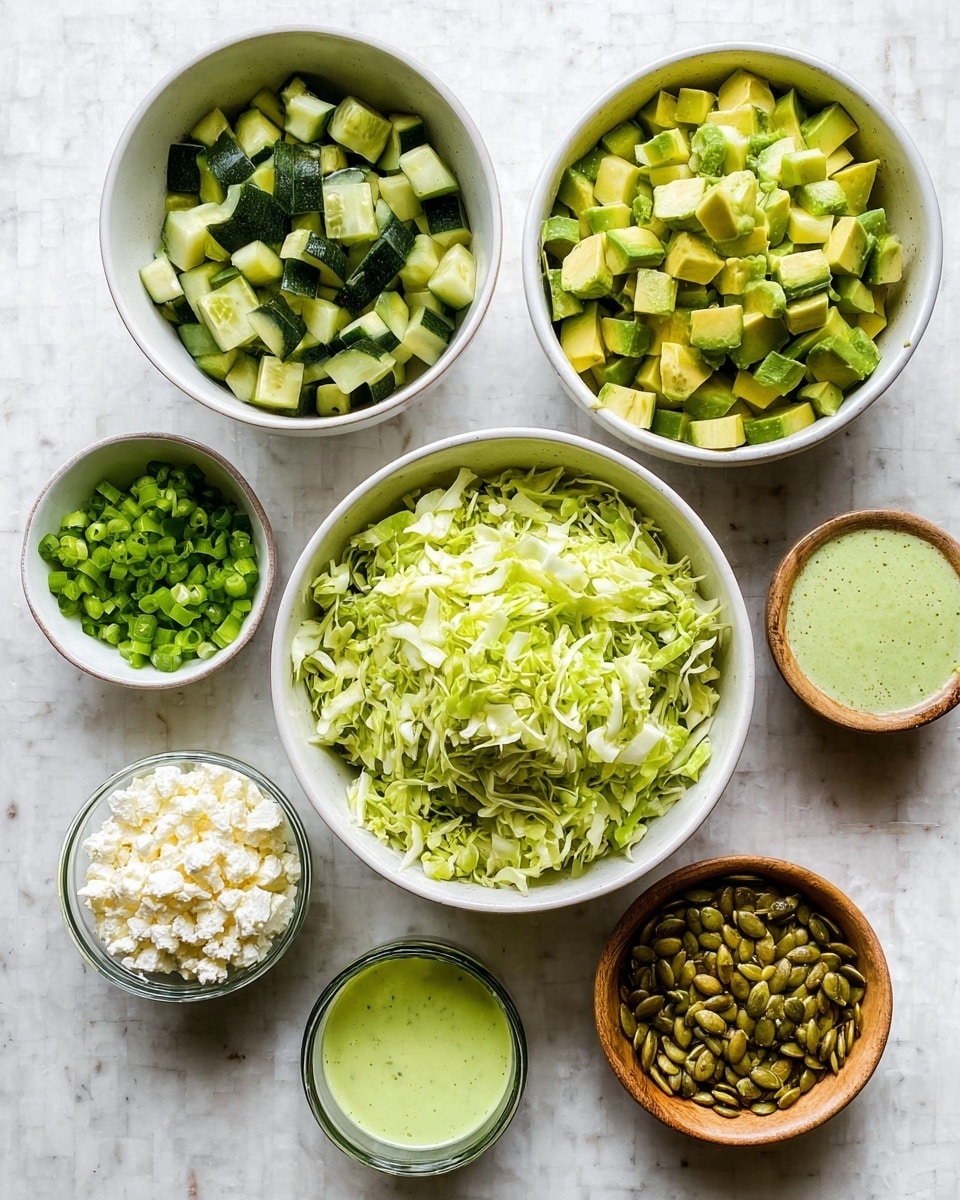 Seven white bowls and one small brown bowl are arranged on a white marbled surface. The largest white bowl in the center is filled with chopped green cabbage. To its upper left is a white bowl filled with diced cucumber pieces, dark and light green in color. Above and slightly to the right is a white bowl with green avocado cubes. To the right side is a small brown bowl filled with chopped green onions. Below the avocado bowl is a small glass filled with light green dressing. To the left of the dressing is a small glass bowl of crumbled white cheese. Above that is a small white bowl filled with roasted green pumpkin seeds. The overall colors are fresh greens and whites, with varied textures like chunky cubes, shredded, and creamy dressing. Photo taken with an iphone --ar 4:5 --v 7
