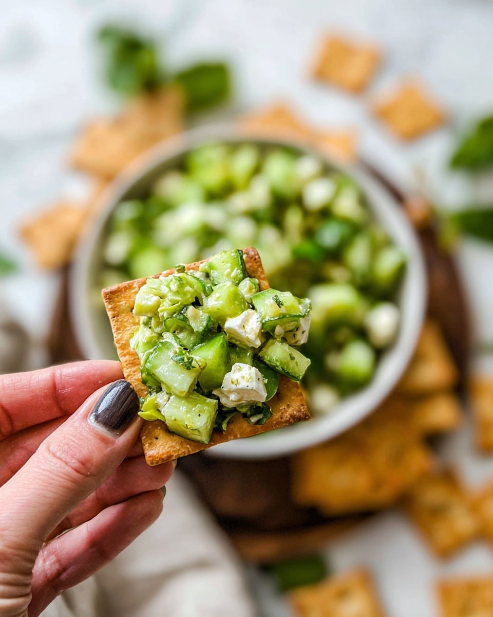 A woman's hand holding a square light brown cracker topped with a chunky green salad mix that includes diced cucumber, small green cubes, and white cheese pieces, showing a fresh and textured look; in the background there is a round white bowl filled to the brim with the same green salad mix, all placed on a white marbled surface with some scattered crackers and green leaves around, creating a bright and fresh scene. photo taken with an iphone --ar 4:5 --v 7