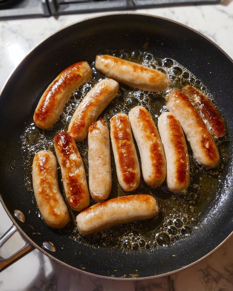 A black frying pan filled with ten light brown sausages frying in bubbling oil, each sausage showing a golden brown and slightly crispy surface on different parts, placed randomly but mostly spread out evenly across the pan, which sits on a stovetop with white marbled texture visible beneath. The sausages have a smooth and slightly shiny texture from the oil, some with small browned spots. The background shows white stove knobs faintly in view. photo taken with an iphone --ar 4:5 --v 7