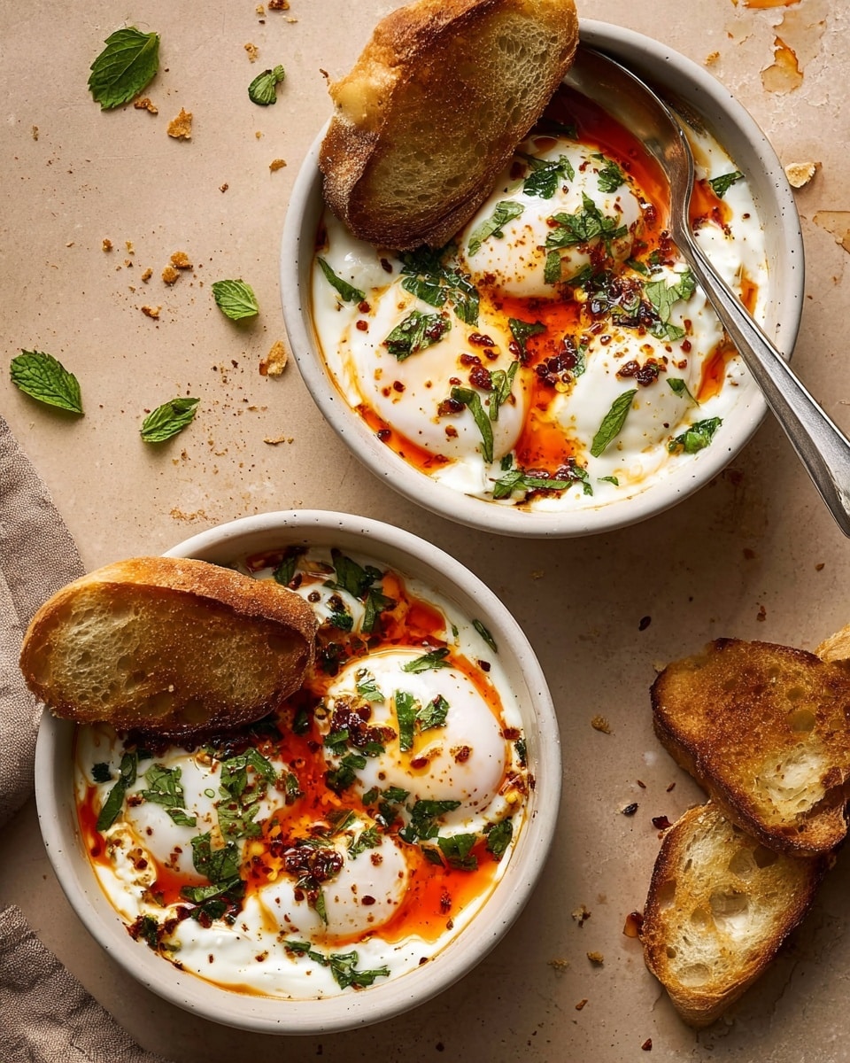 The image shows two soft white poached eggs placed side by side in a shallow white speckled bowl. The eggs sit on a thick creamy white yogurt base, spreading across the entire bowl’s bottom. Bright orange oil with red spices is drizzled over the eggs and yogurt in irregular lines. Small green herb leaves and finely chopped dill are scattered on top of the eggs, yogurt, and oil, adding fresh color. On the right side of the bowl, there are three toasted baguette slices, stacked slightly and leaning against the bowl’s edge. The bowl rests on a white marbled surface, with a few herb sprigs and bread visible around it. photo taken with an iphone --ar 4:5 --v 7