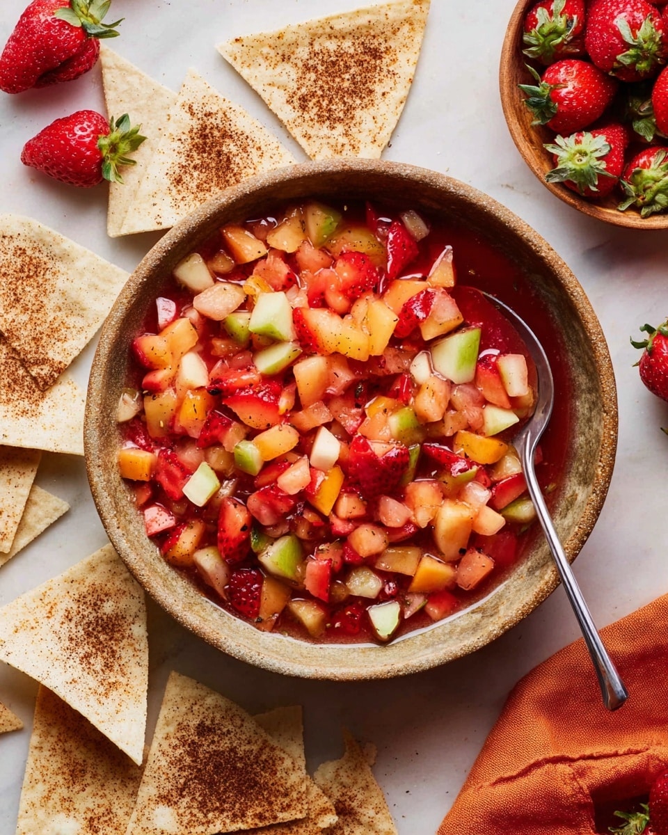 A rustic bowl filled with a colorful fresh salsa made of finely chopped red strawberries, light orange melon, pale green apple pieces, and small black seeds, all mixed in a red liquid base, with a silver spoon resting inside the bowl on the right side. The bowl sits on a white marbled surface, surrounded by several triangle-shaped white tortilla chips dusted with a dark brown spice, spread around the bowl on the top left, bottom left, and near the edge of the image. Additional fresh red strawberries, some whole and a few halved, are visible on the bottom right corner near an orange cloth napkin that peeks in from the top right edge. Photo taken with an iphone --ar 4:5 --v 7