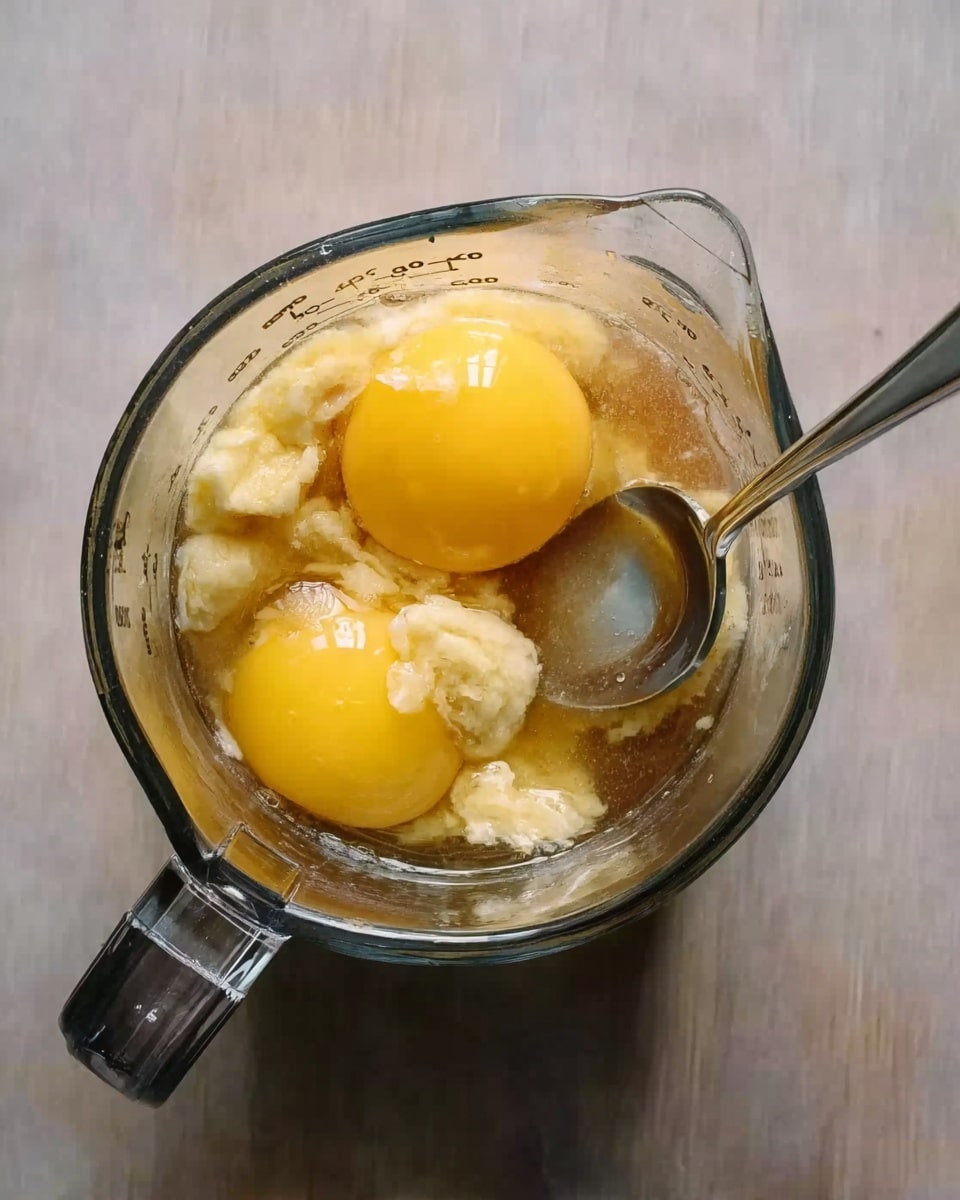 A clear measuring cup sits on a white marbled surface, holding two whole raw eggs side by side with bright yellow yolks visible through the transparent container. Around the eggs, there are light beige chunks of mashed or broken banana submerged in liquid. A silver spoon rests inside the measuring cup, angled towards the bottom right. The cup has black measurement marks on its side, and the background is a white marbled texture. photo taken with an iphone --ar 4:5 --v 7