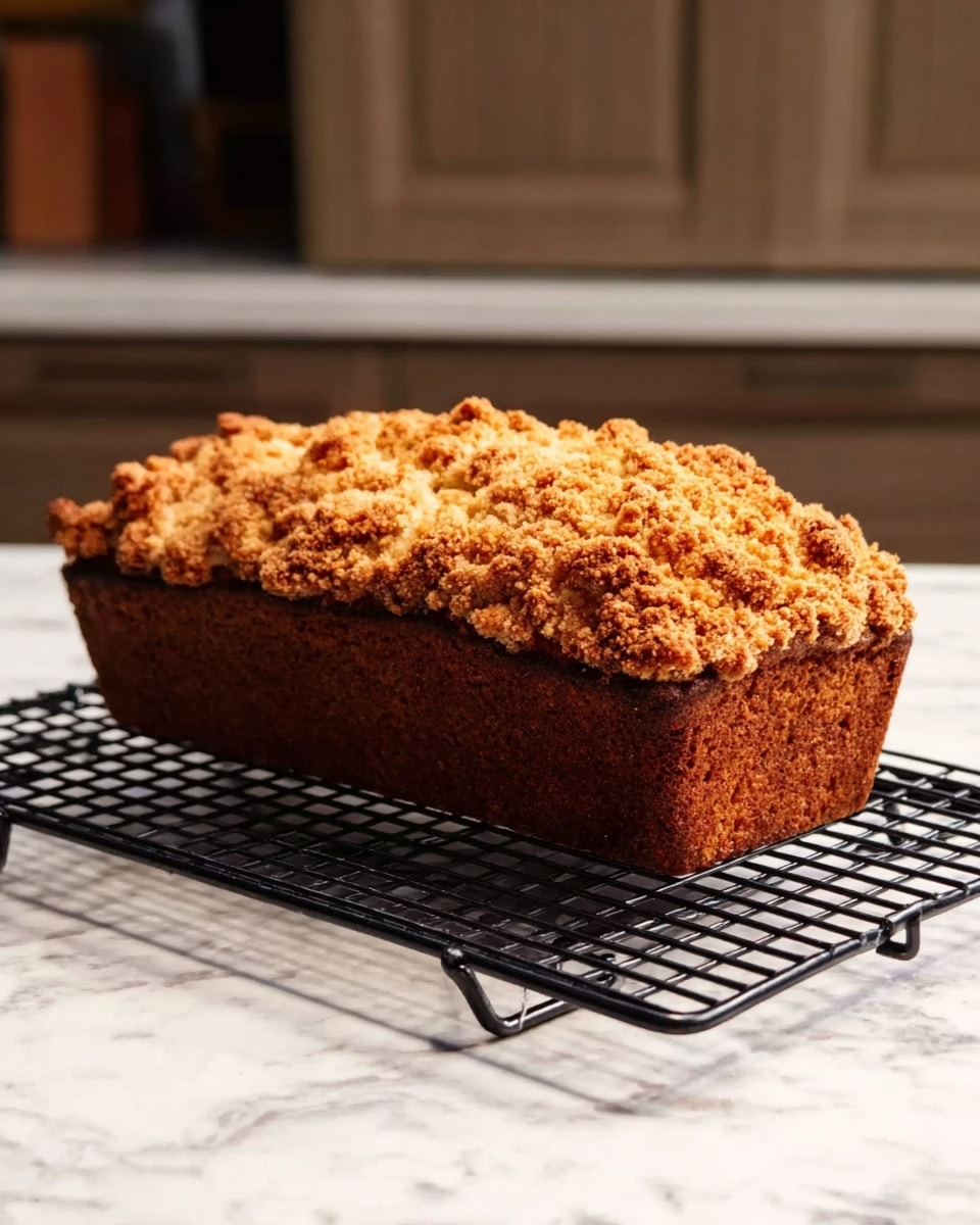 A loaf cake with a golden-brown crumb topping sits on a black cooling rack. The cake has a deep brown color with a rough texture on the crumb topping, which looks crispy and crumbly. The loaf is tall and rounded on top, contrasting with its straight sides. The black cooling rack is placed on a white marbled surface, and the background shows light brown kitchen cupboards. Photo taken with an iphone --ar 4:5 --v 7