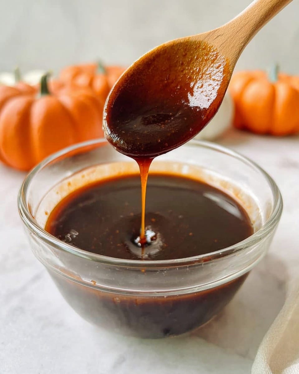 A clear glass bowl filled with a thick, dark brown sauce with a shiny surface. A wooden spoon holds some of the sauce above the bowl, with the sauce slowly dripping back into the bowl. The background shows a white marbled texture with small orange pumpkins blurred in the distance. Photo taken with an iphone --ar 4:5 --v 7