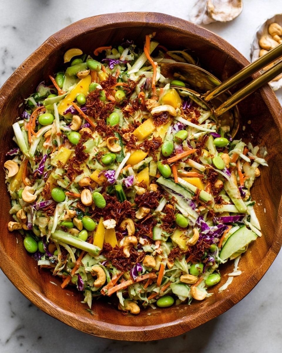 The image shows a large wooden bowl filled with a colorful salad with many layers and textures. The base layer has mixed shredded cabbage and carrots, which are white and orange. On top, there are bright green edamame beans and chopped cucumber pieces, cut in small chunks. Scattered around are light yellow pineapple pieces and whole cashew nuts. Covering the salad is a dark brown crumb-like topping. A light orange creamy sauce is drizzled all over the dish. There are also small slices of green onions sprinkled across. A gold spoon and fork are placed inside the bowl. The bowl sits on a white marbled surface with a white and black striped cloth nearby. Photo taken with an iphone --ar 4:5 --v 7